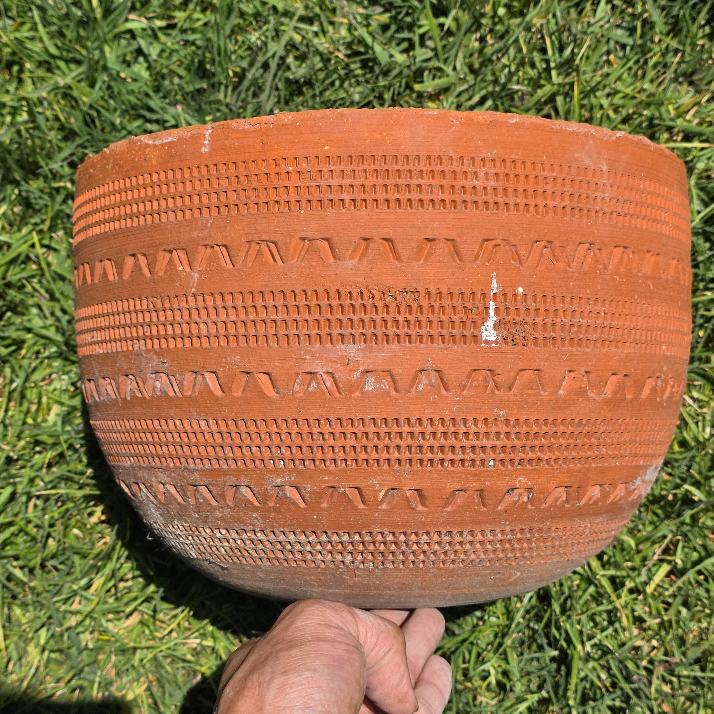 Vintage Large Terracotta Planter Pot Geometric Aztec Southwestern Clay 11.5"