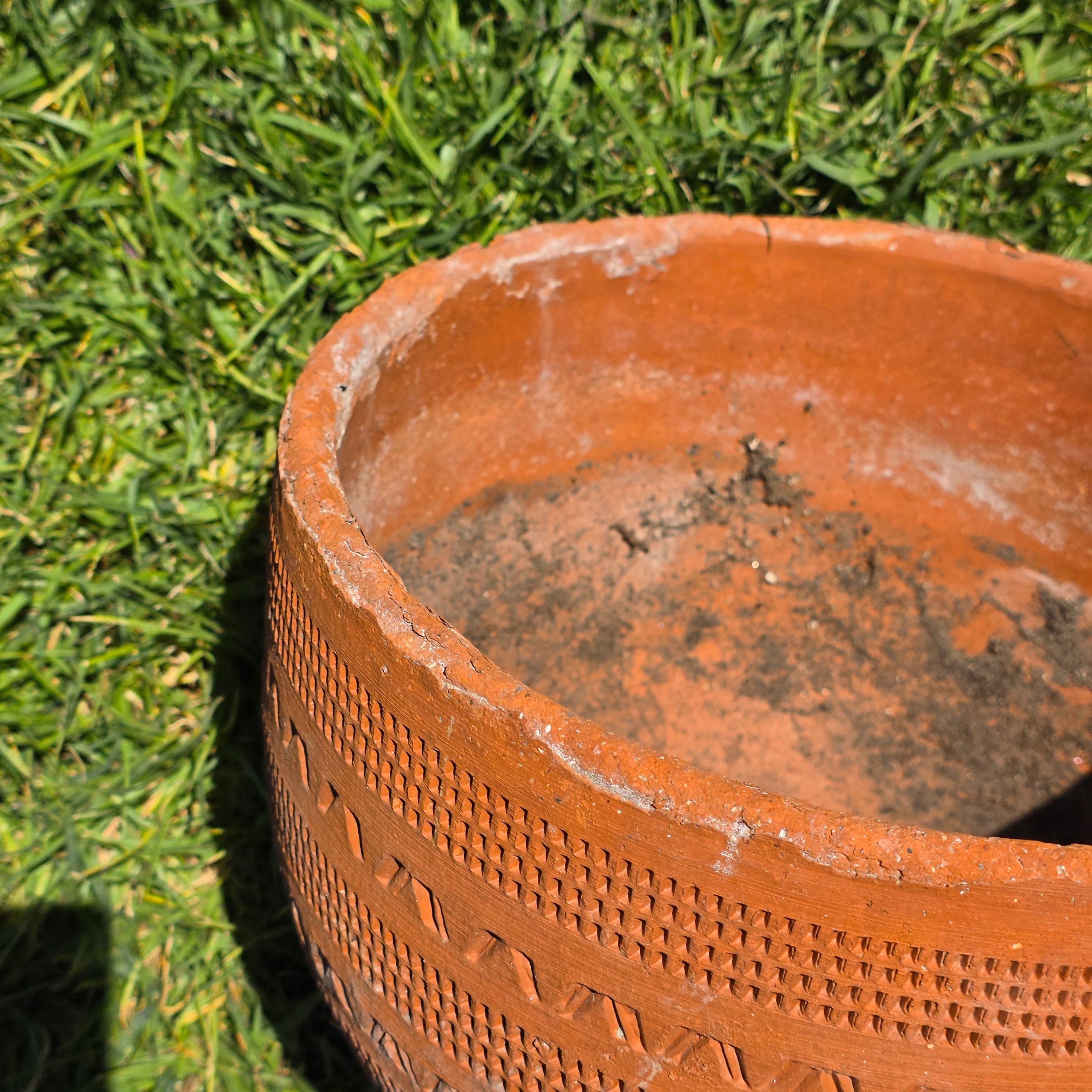 Vintage Large Terracotta Planter Pot Geometric Aztec Southwestern Clay 11.5"