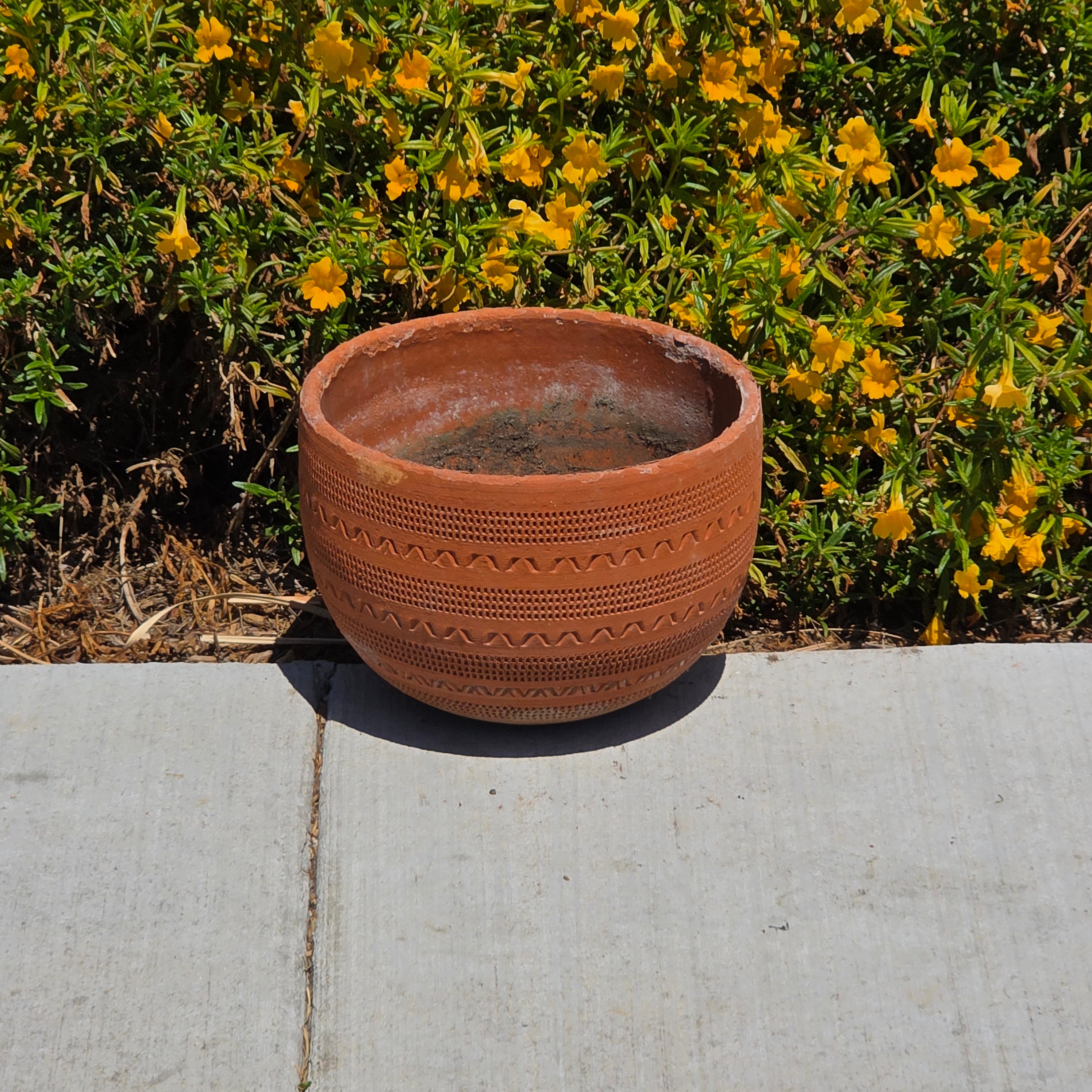 Vintage Large Terracotta Planter Pot Geometric Aztec Southwestern Clay 11.5"