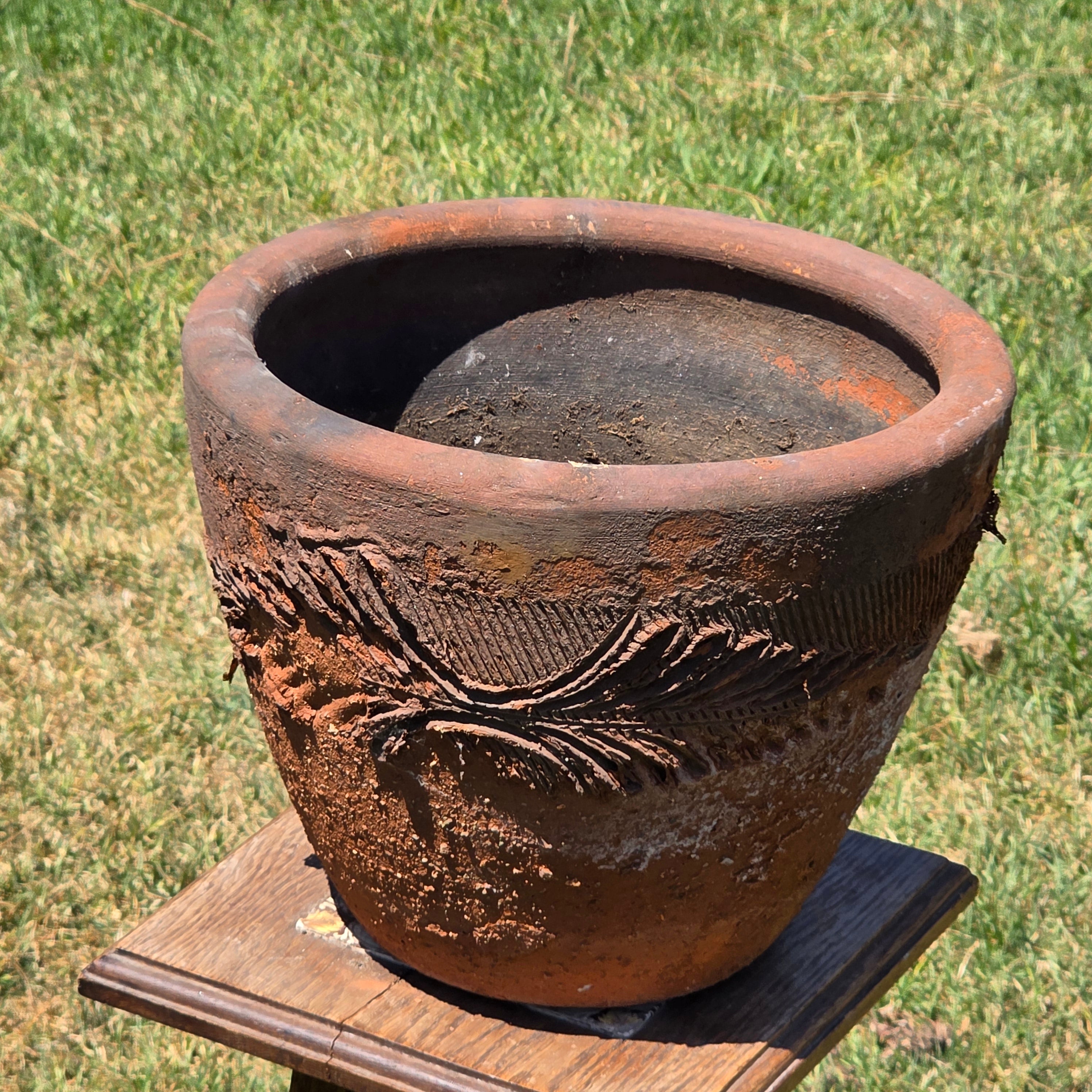 Vintage Large Terracotta Planter Pot Rustic Weathered Clay Carved Fern 12.5"