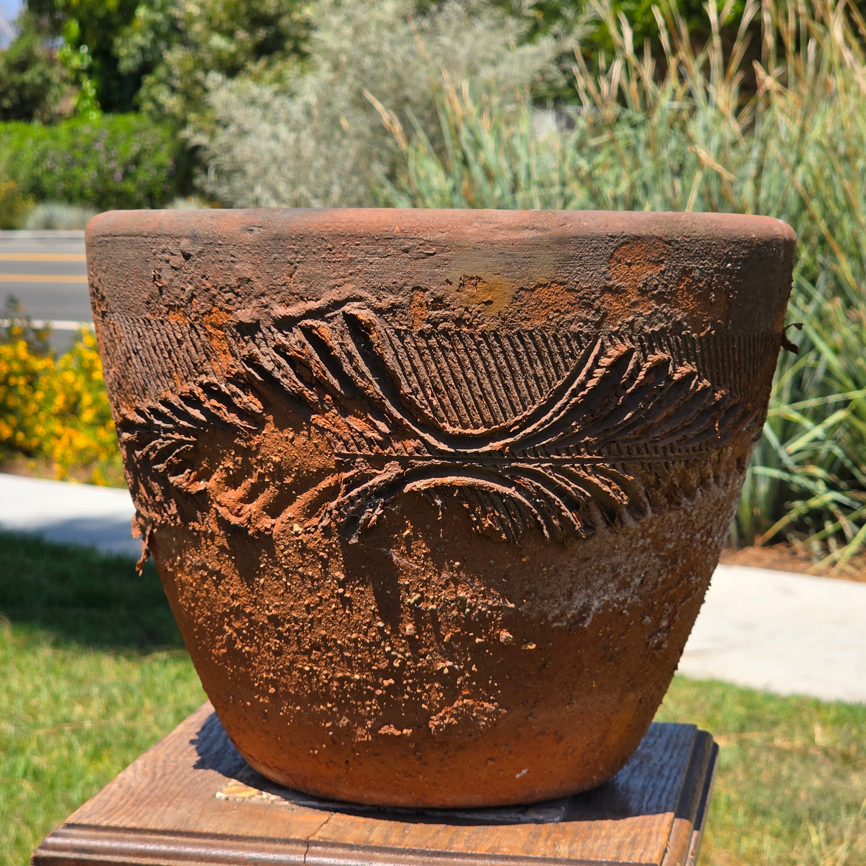 Vintage Large Terracotta Planter Pot Rustic Weathered Clay Carved Fern 12.5"
