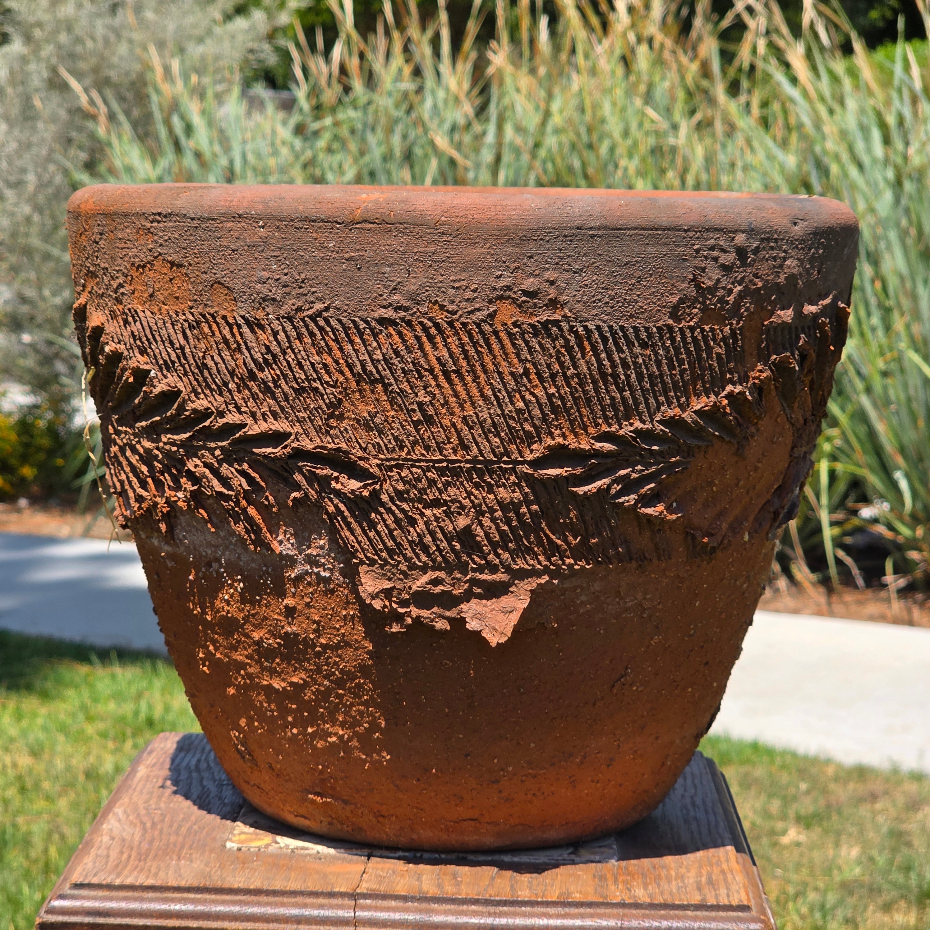 Vintage Large Terracotta Planter Pot Rustic Weathered Clay Carved Fern 12.5"