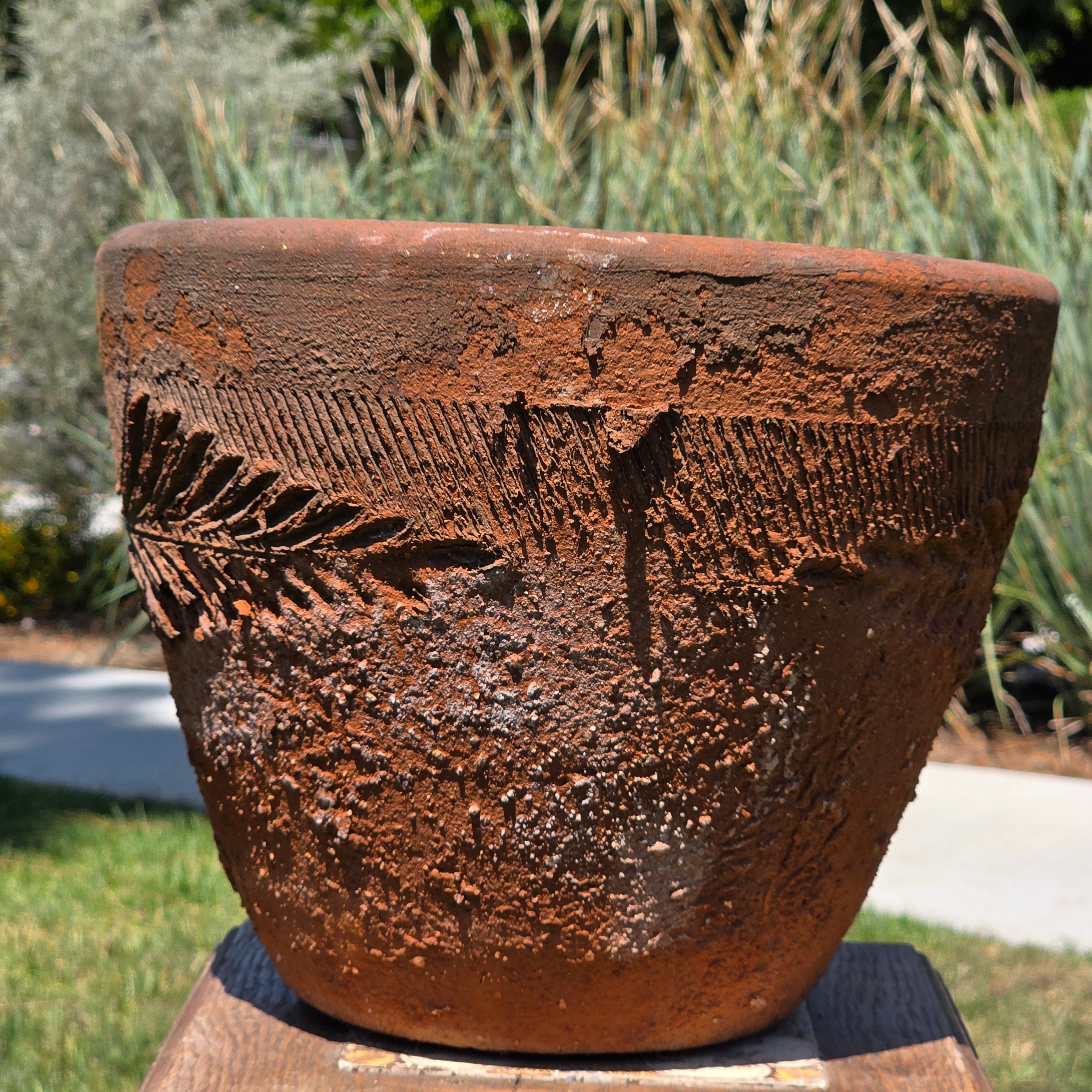 Vintage Large Terracotta Planter Pot Rustic Weathered Clay Carved Fern 12.5"