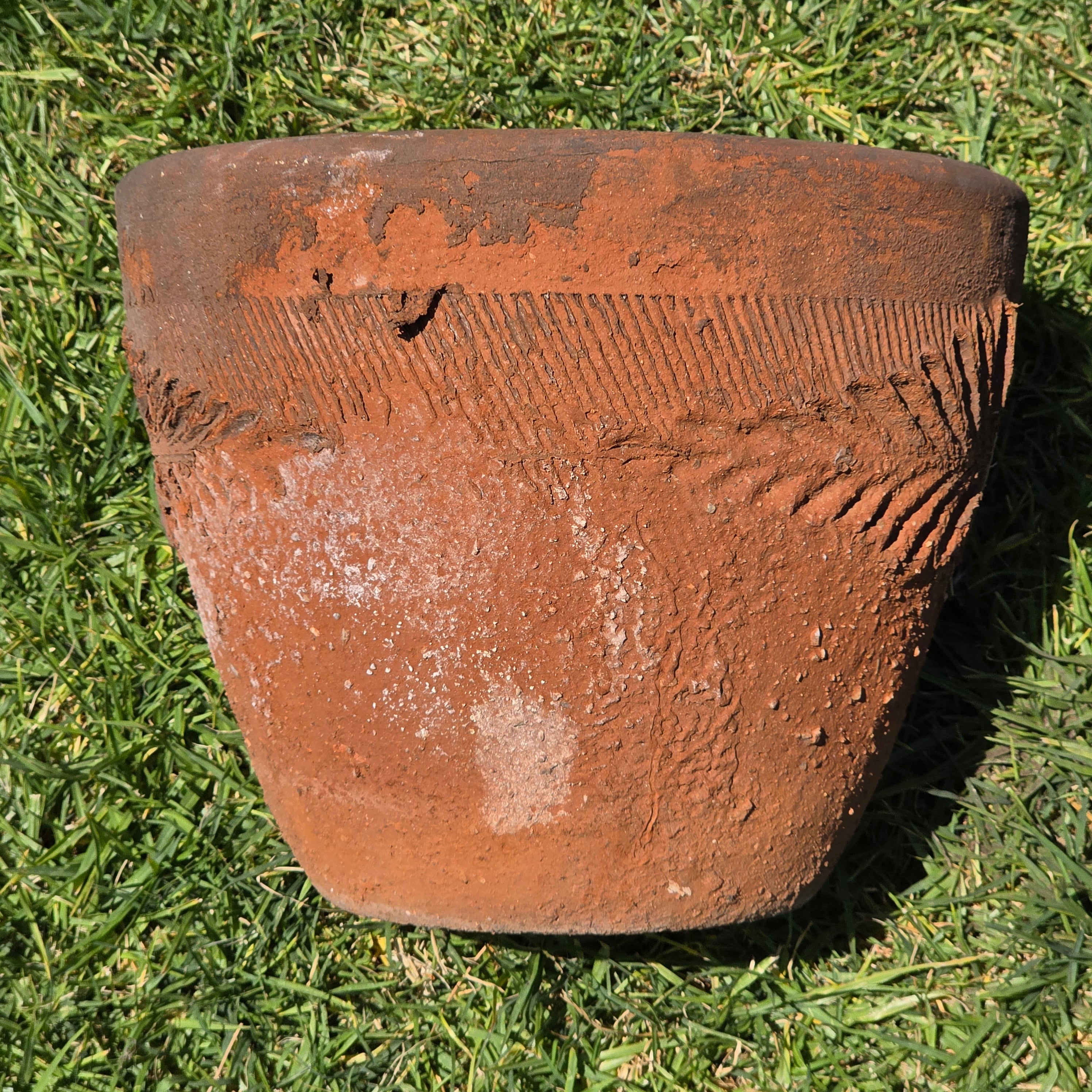 Vintage Large Terracotta Planter Pot Rustic Weathered Clay Carved Fern 12.5"