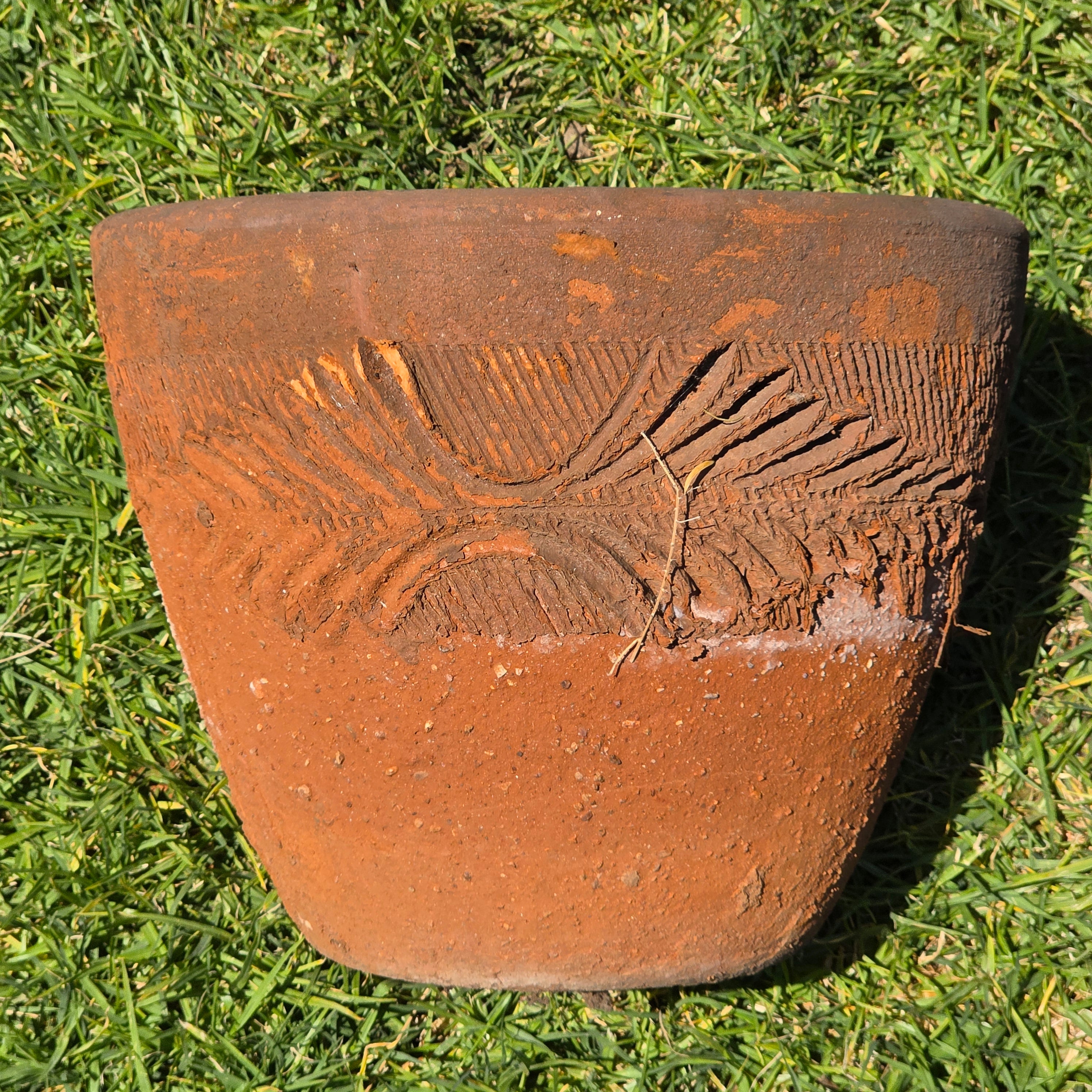 Vintage Large Terracotta Planter Pot Rustic Weathered Clay Carved Fern 12.5"