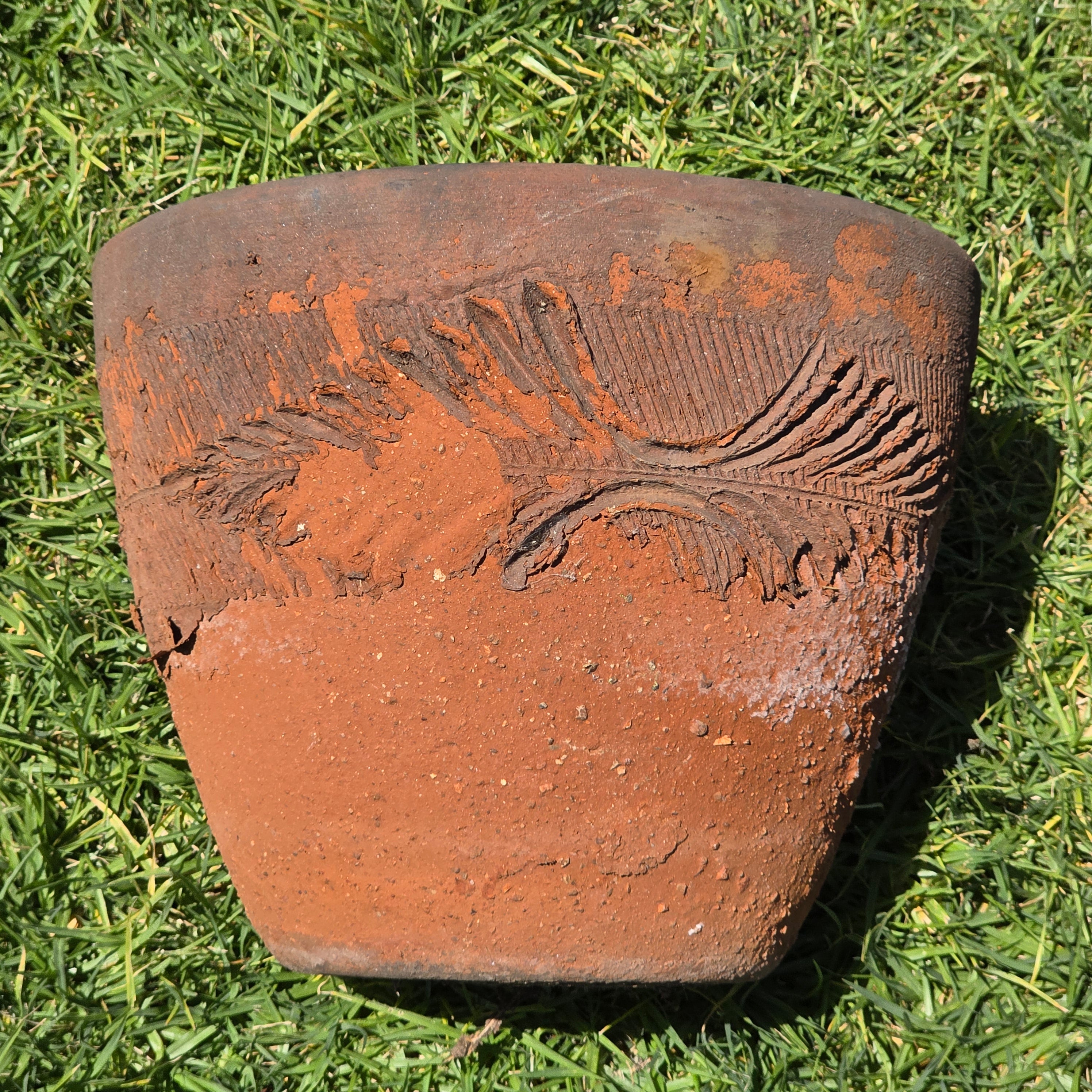 Vintage Large Terracotta Planter Pot Rustic Weathered Clay Carved Fern 12.5"