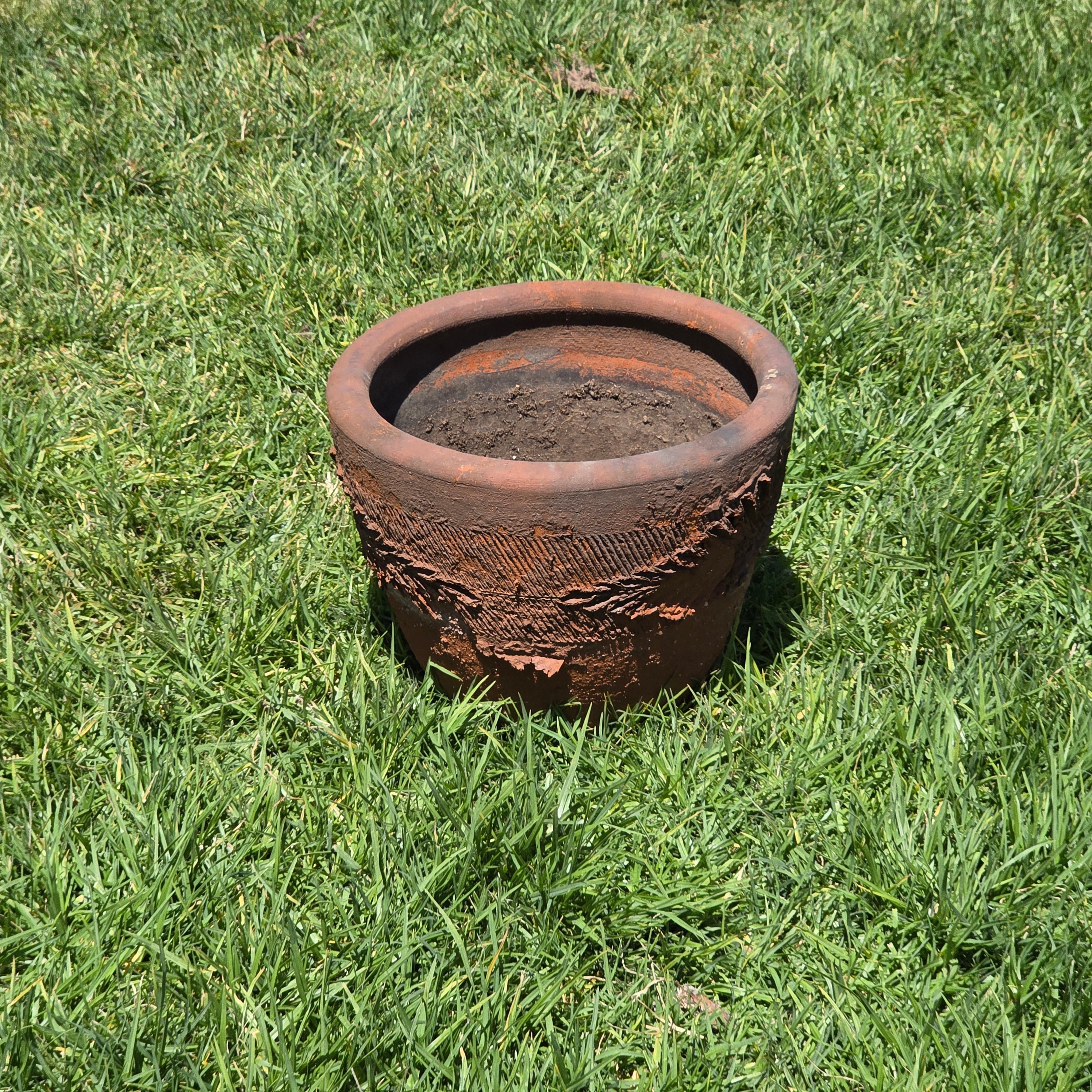 Vintage Large Terracotta Planter Pot Rustic Weathered Clay Carved Fern 12.5"