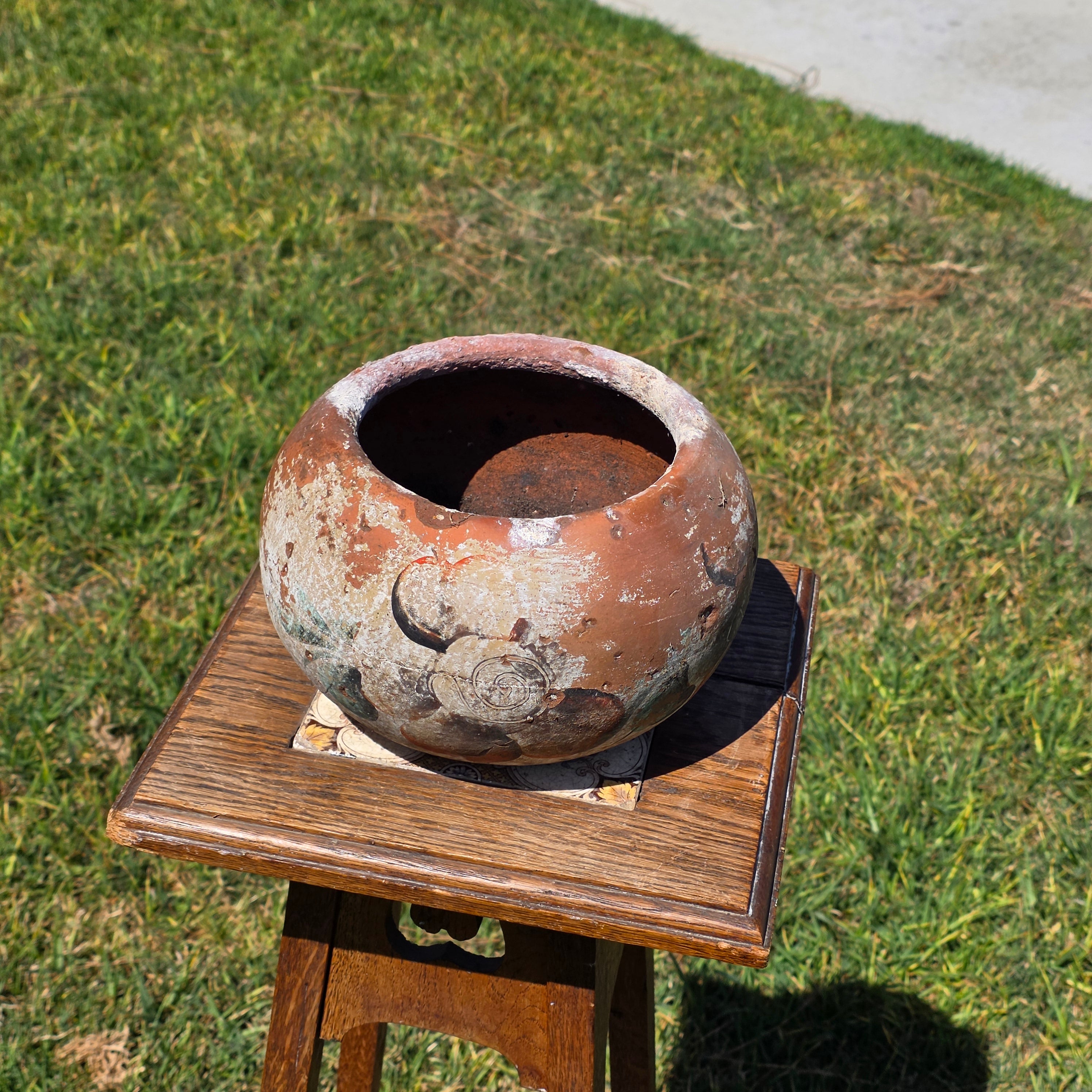 Vintage Mexican Pottery Planter Hand Painted Clay Rustic Folk Art Floral Bowl