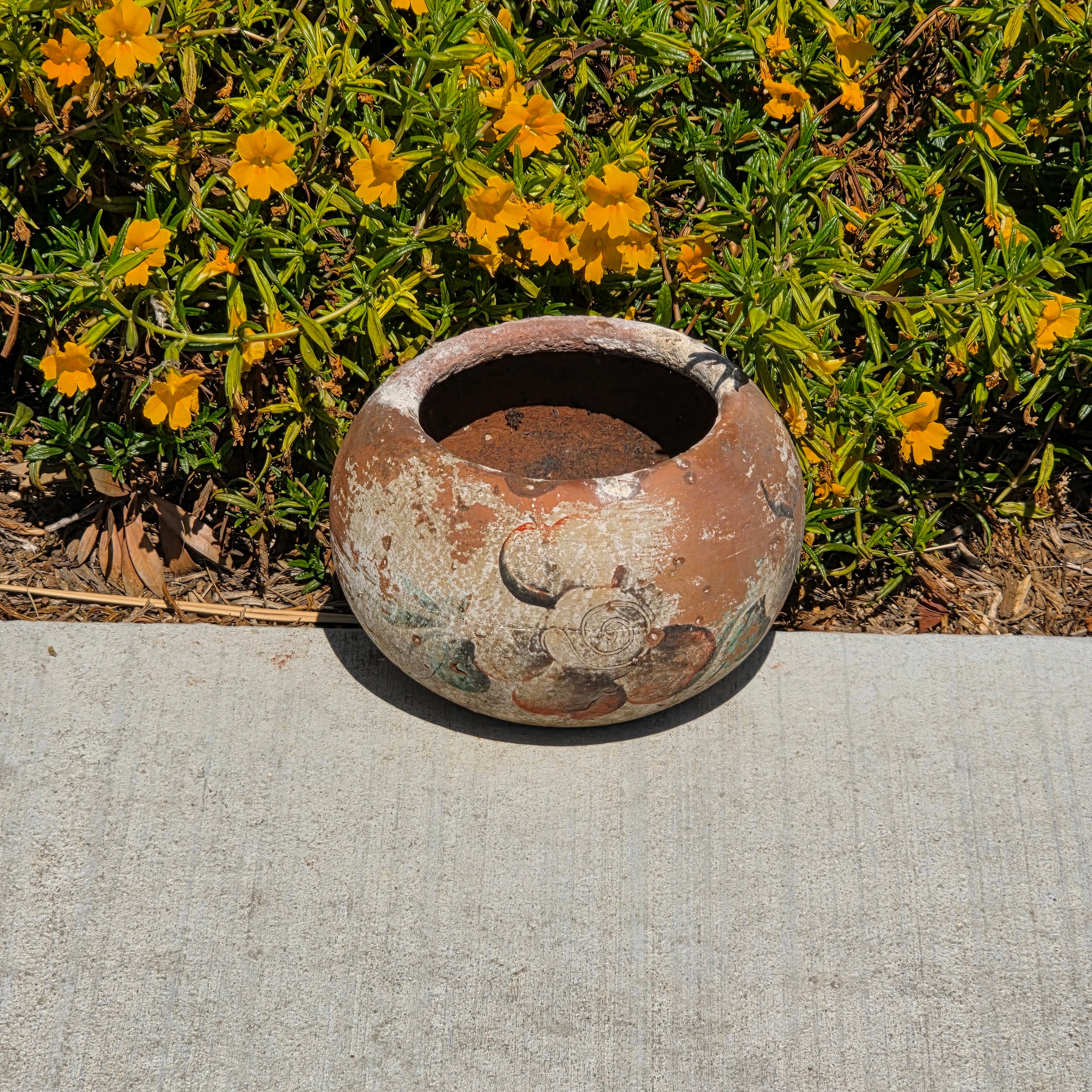 Vintage Mexican Pottery Planter Hand Painted Clay Rustic Folk Art Floral Bowl