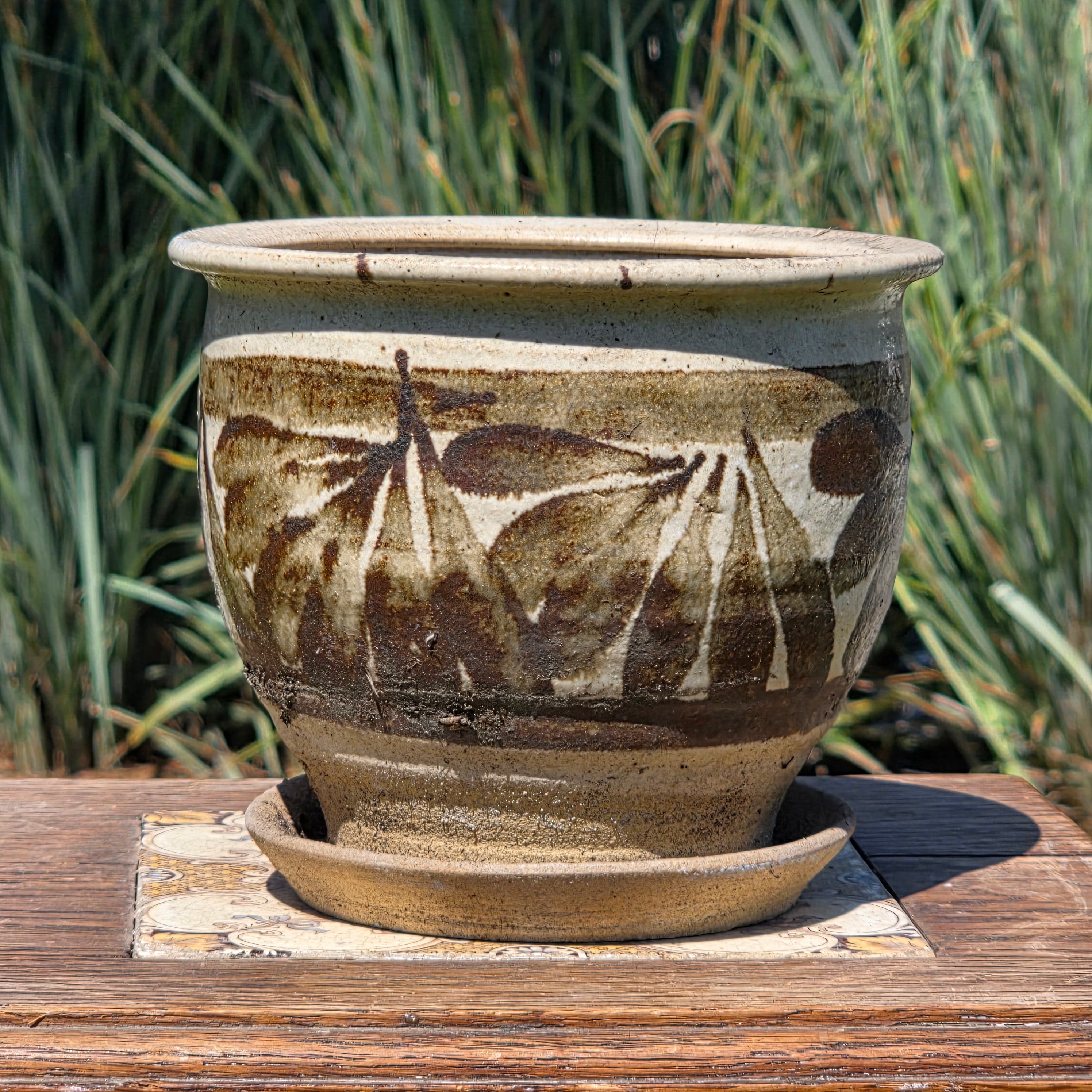 Vintage Studio Pottery Planter Pot Attached Saucer Brown Leaf Mid Century Boho