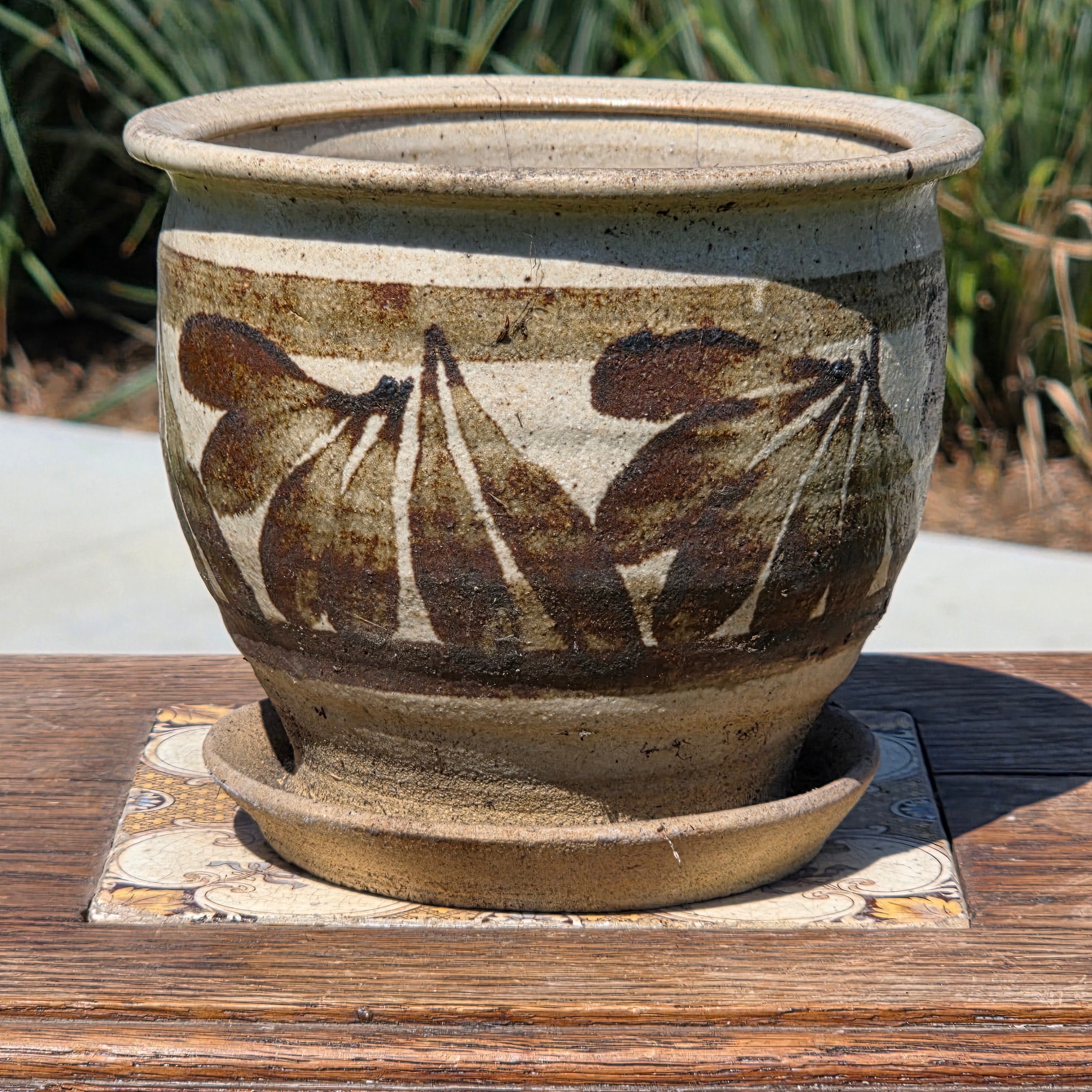 Vintage Studio Pottery Planter Pot Attached Saucer Brown Leaf Mid Century Boho