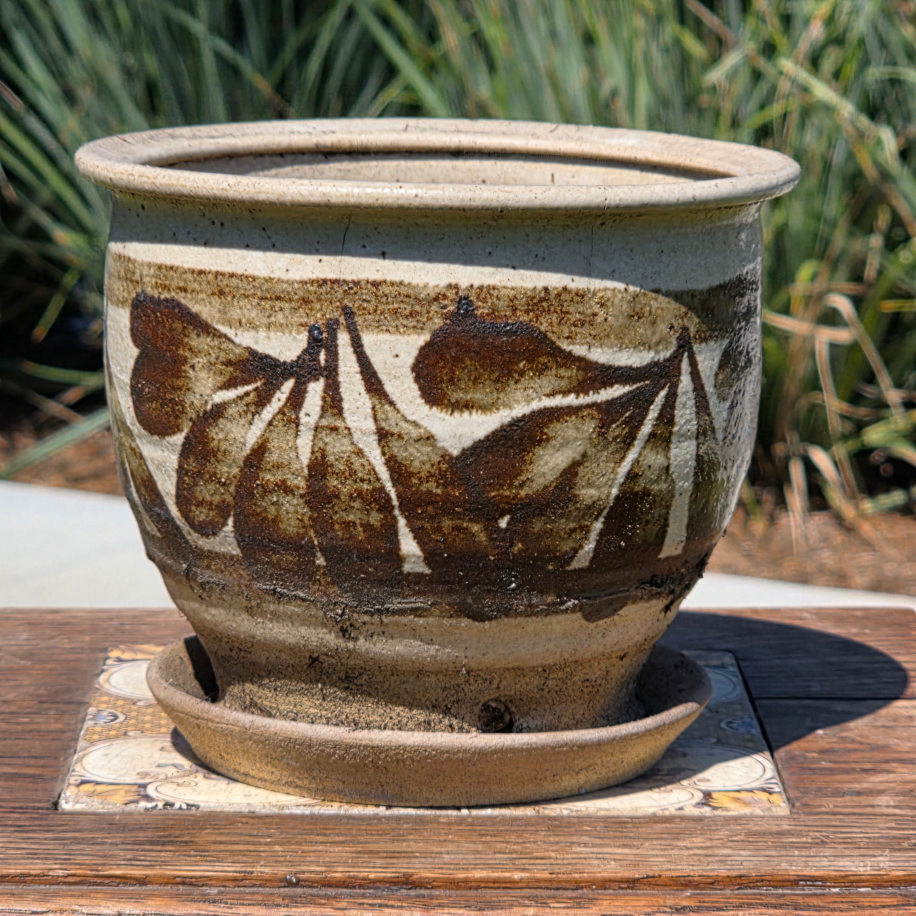 Vintage Studio Pottery Planter Pot Attached Saucer Brown Leaf Mid Century Boho