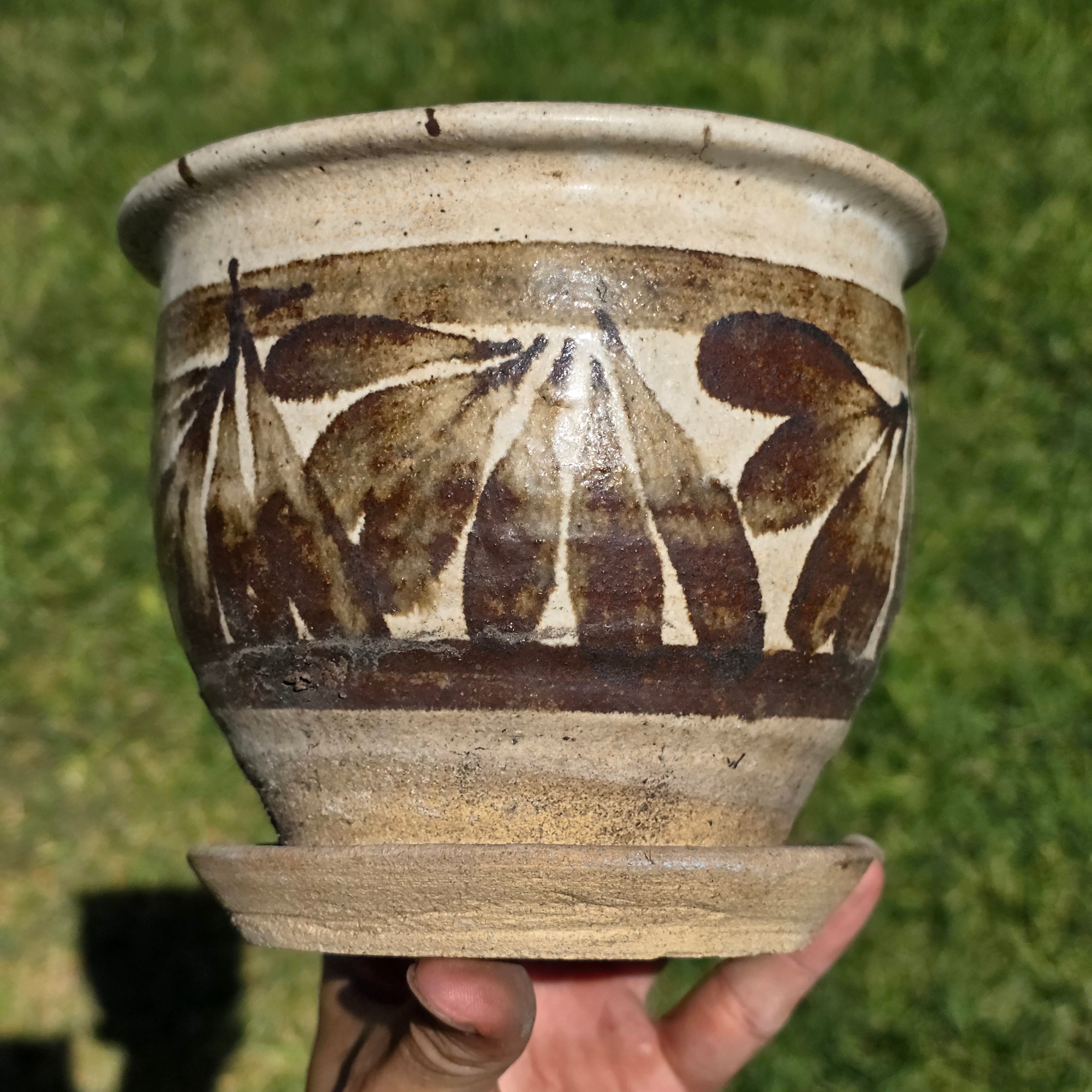 Vintage Studio Pottery Planter Pot Attached Saucer Brown Leaf Mid Century Boho