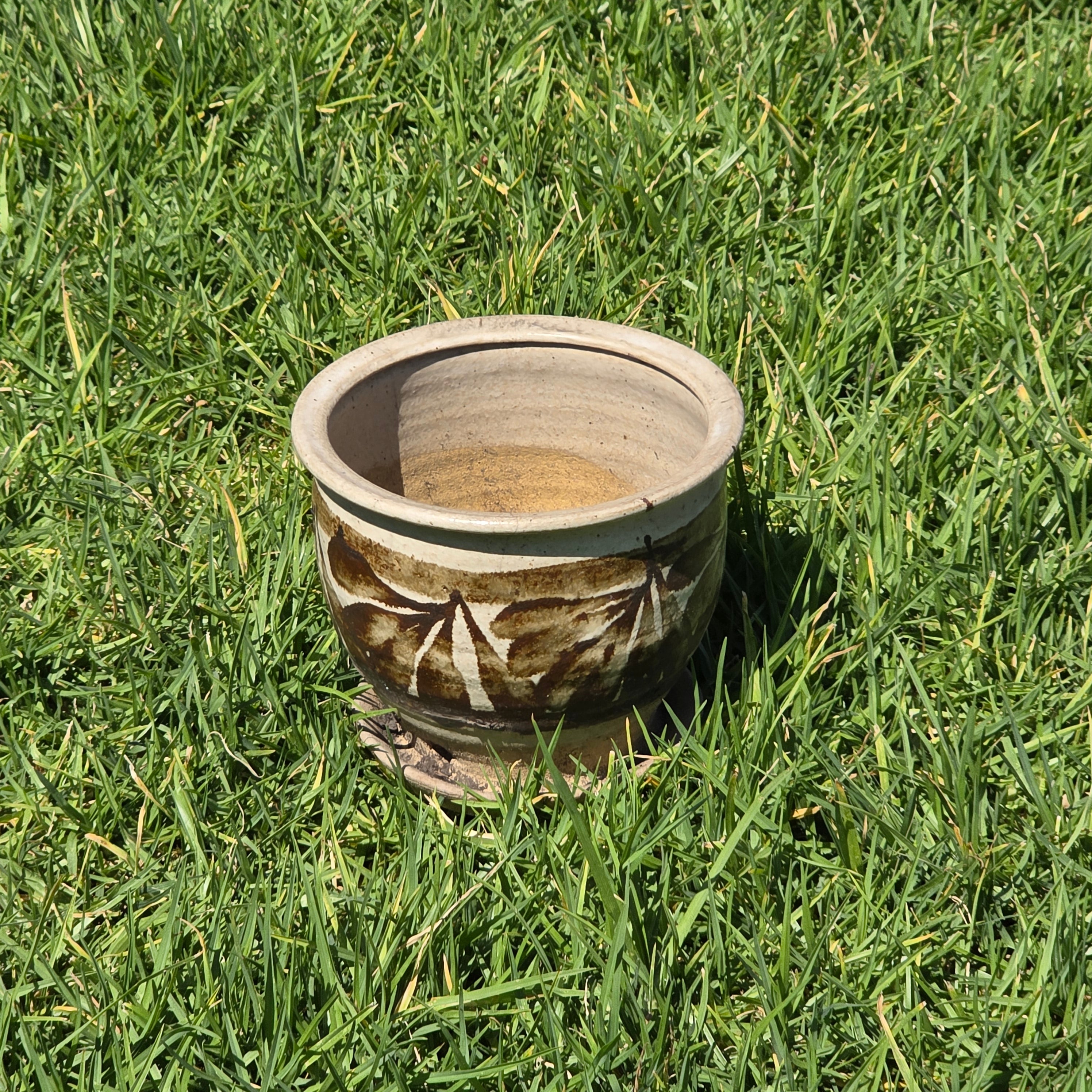 Vintage Studio Pottery Planter Pot Attached Saucer Brown Leaf Mid Century Boho