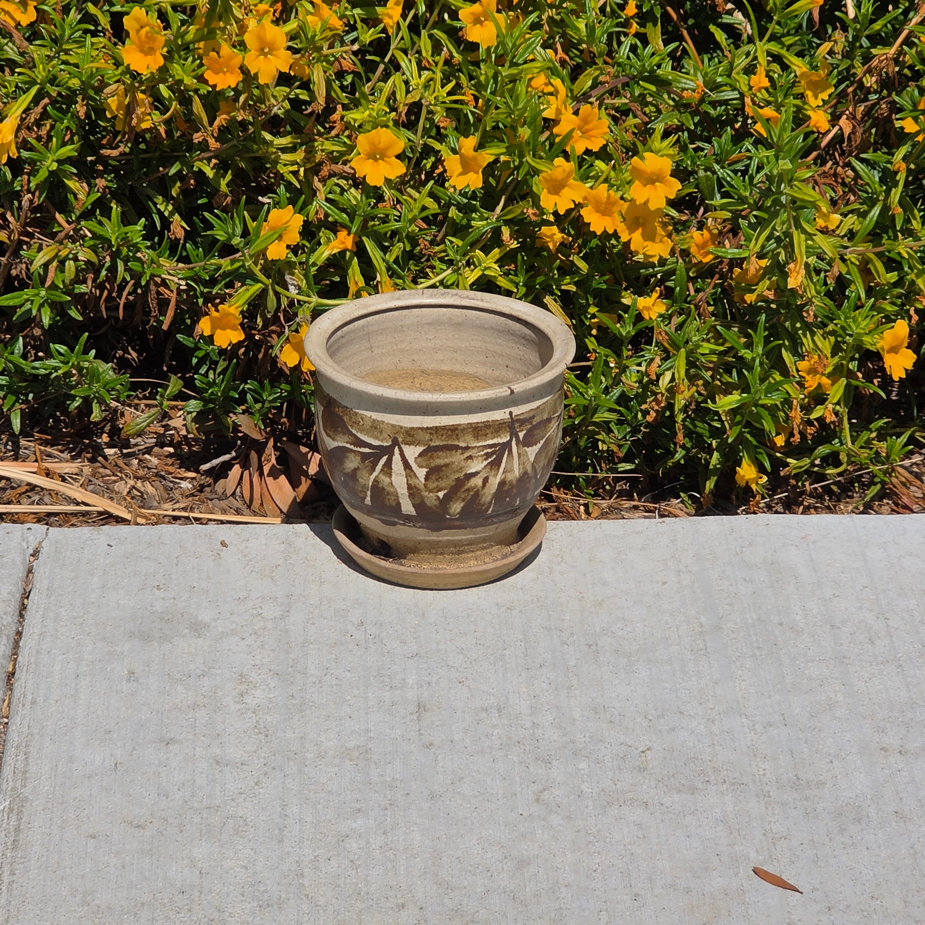 Vintage Studio Pottery Planter Pot Attached Saucer Brown Leaf Mid Century Boho