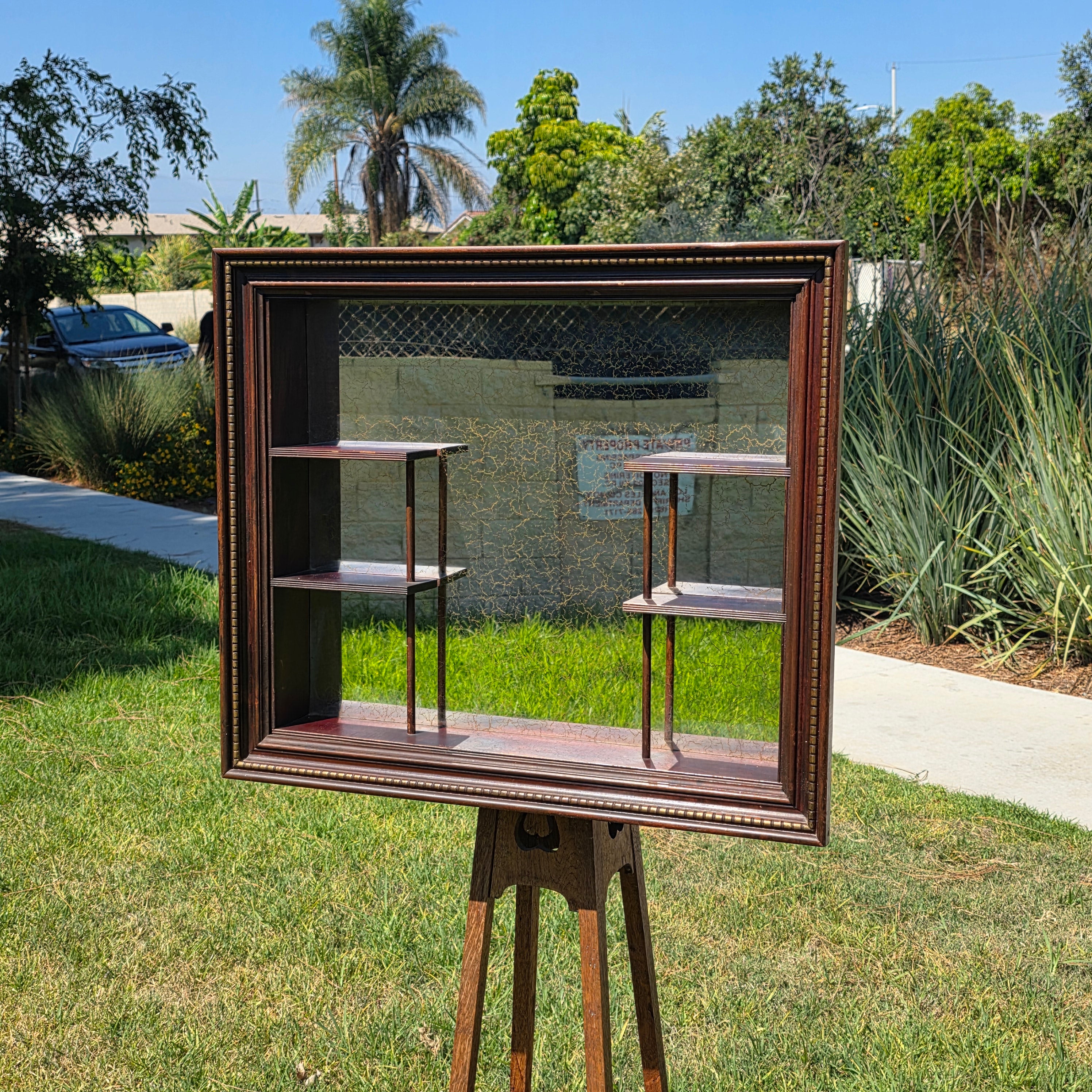 Vintage Wood Shadow Box Mirror Back Wall Display Shelf Curio Gold Vein Frame
