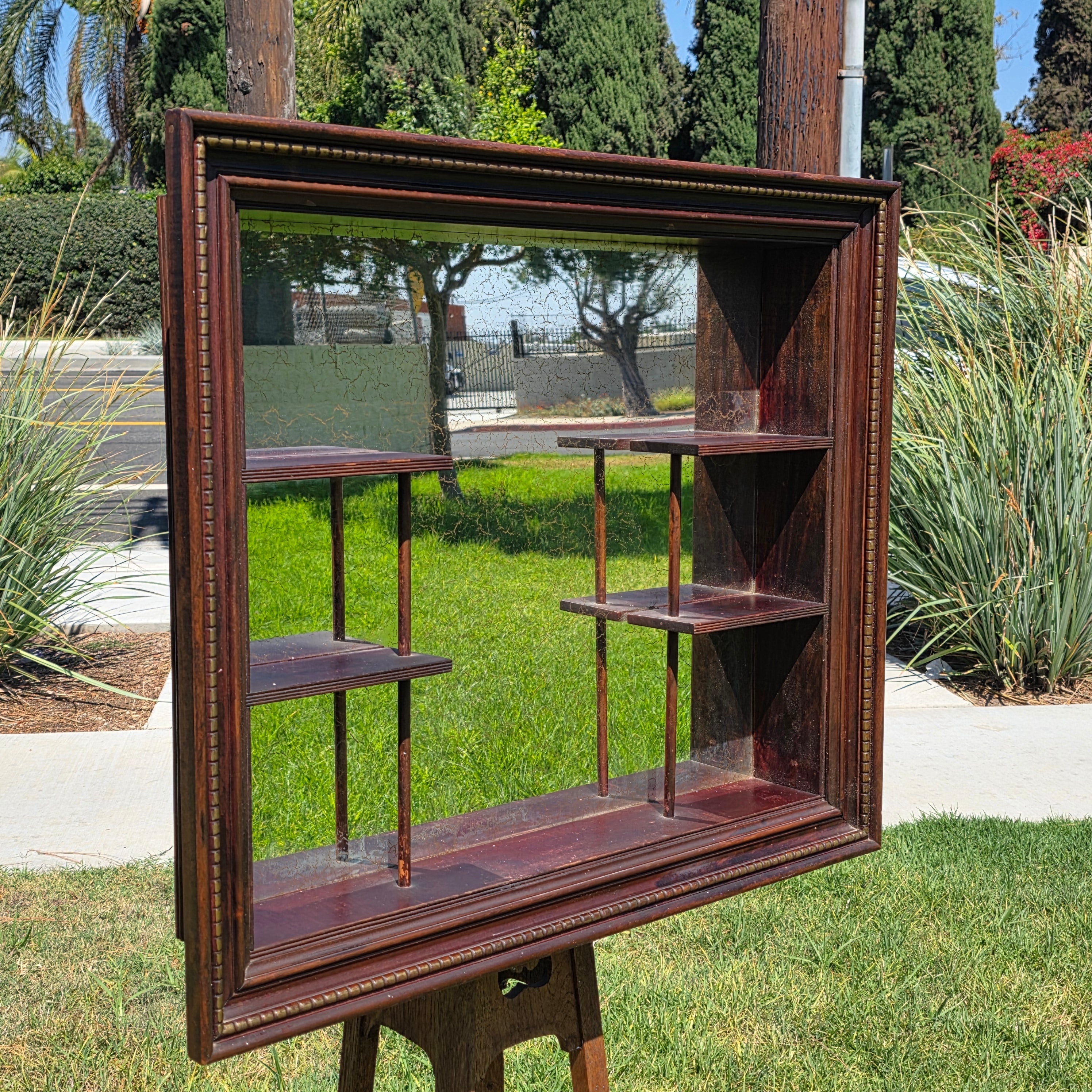Vintage Wood Shadow Box Mirror Back Wall Display Shelf Curio Gold Vein Frame
