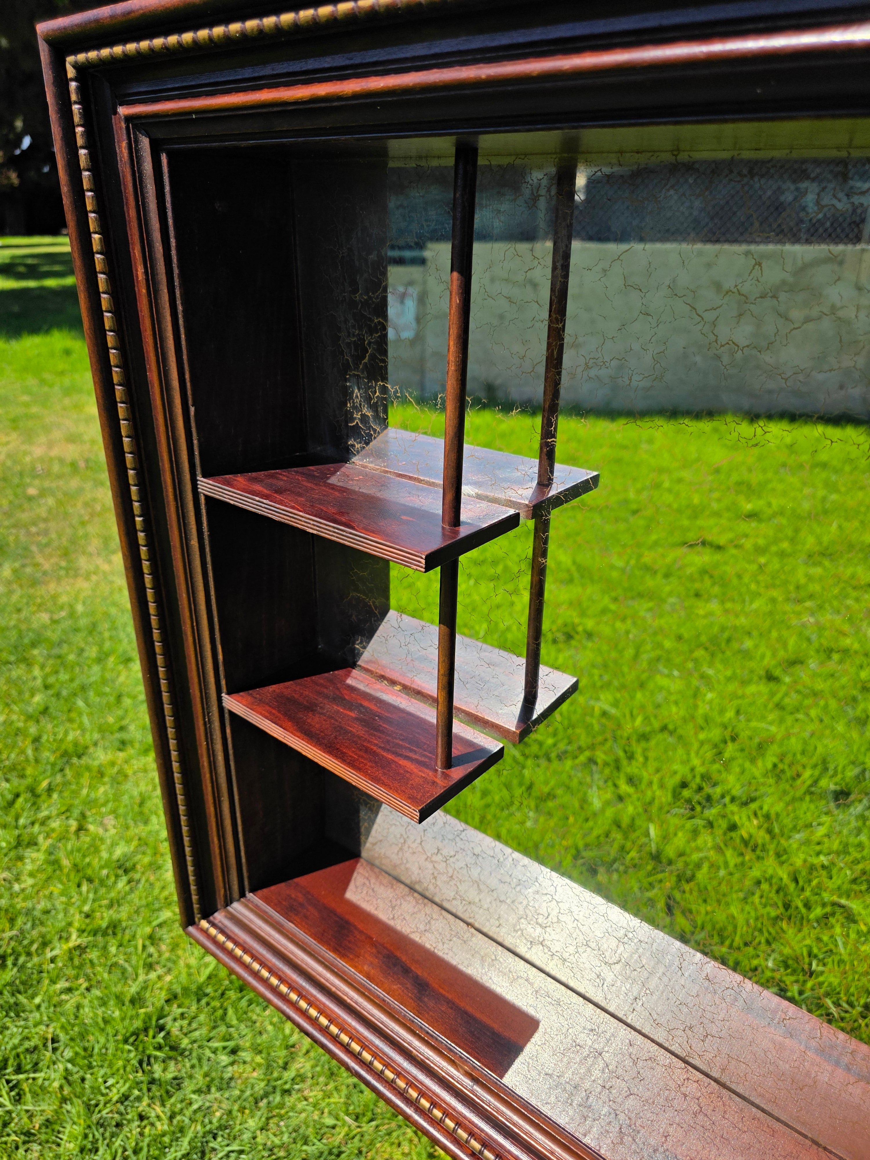Vintage Wood Shadow Box Mirror Back Wall Display Shelf Curio Gold Vein Frame