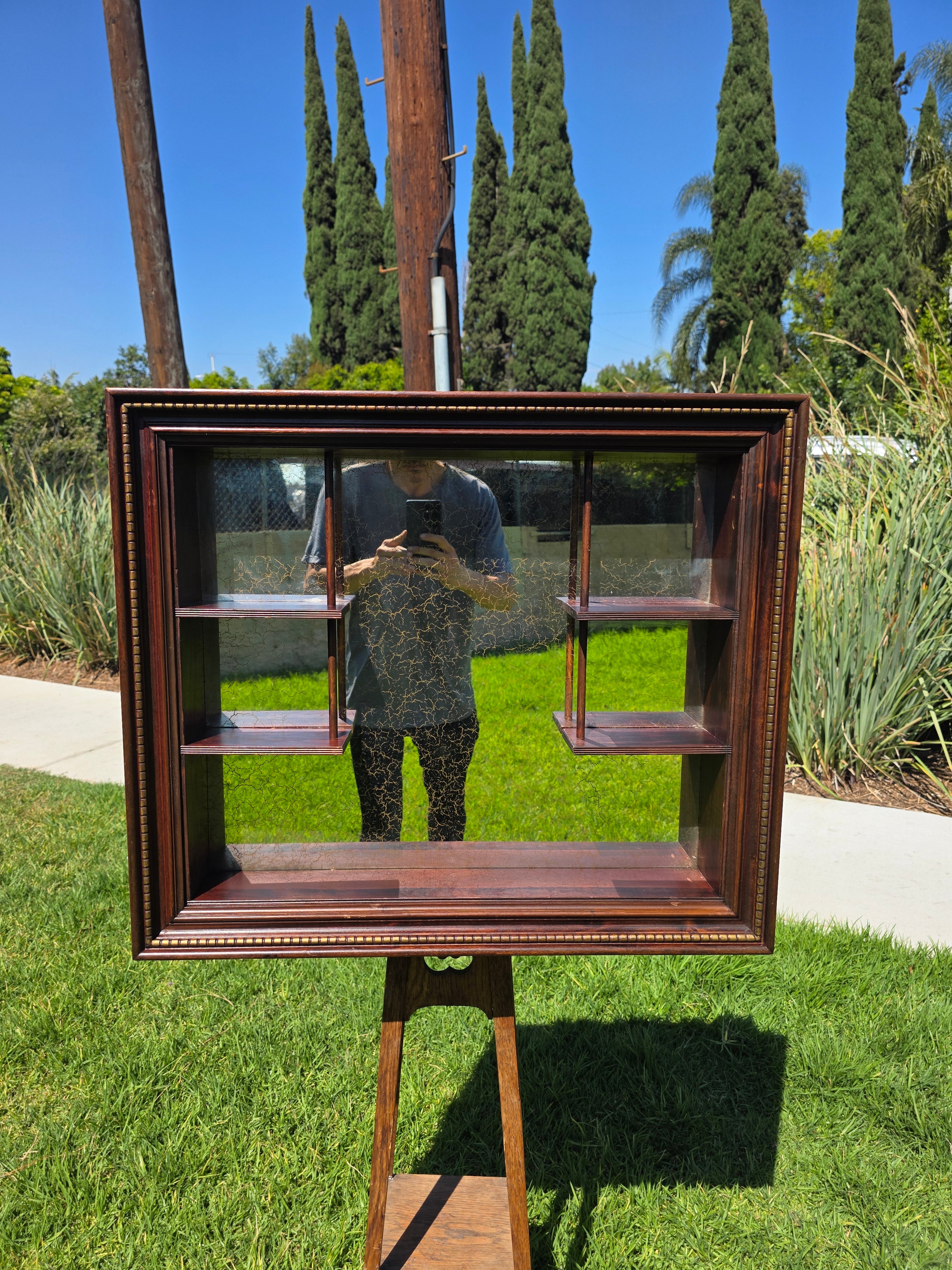 Vintage Wood Shadow Box Mirror Back Wall Display Shelf Curio Gold Vein Frame