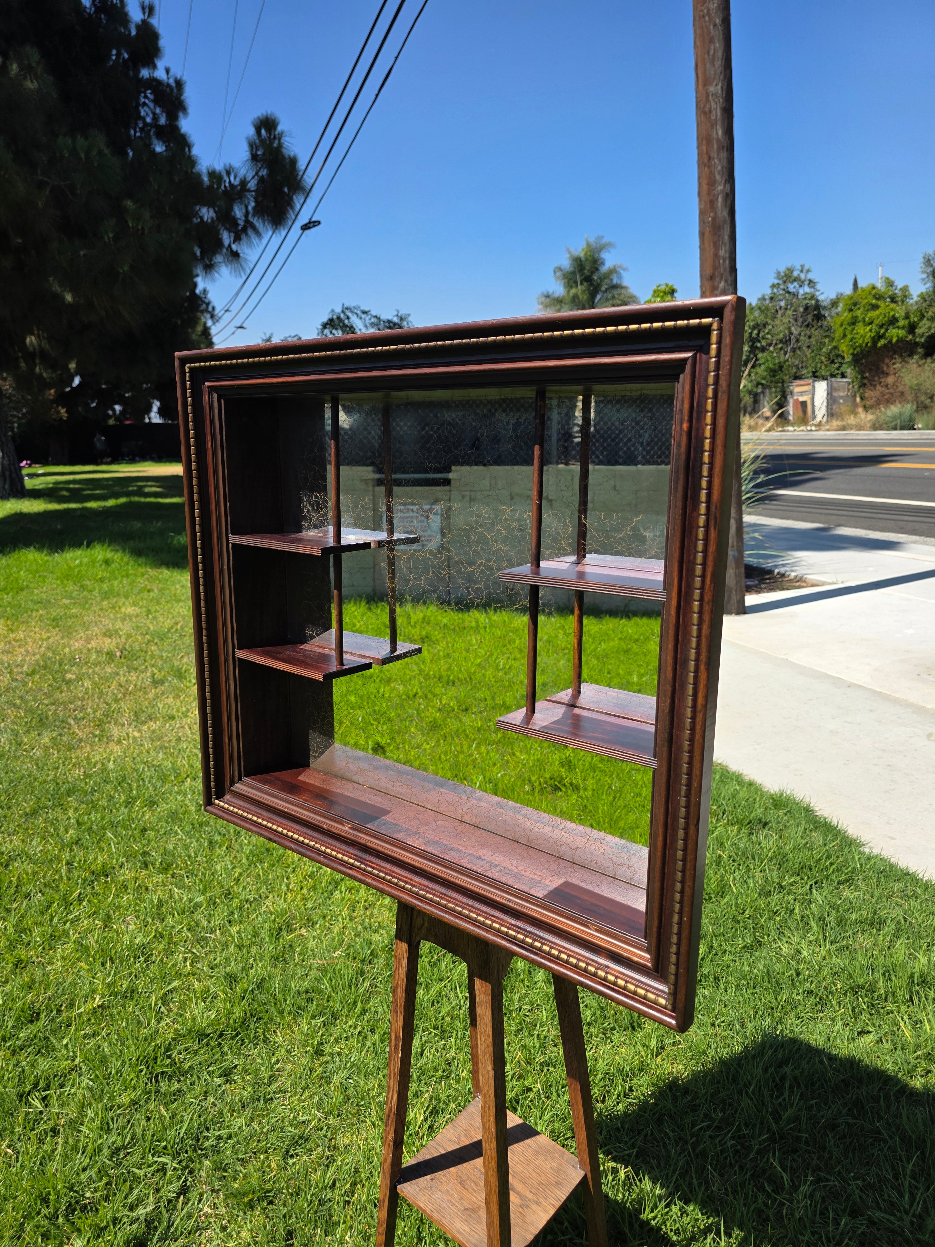 Vintage Wood Shadow Box Mirror Back Wall Display Shelf Curio Gold Vein Frame