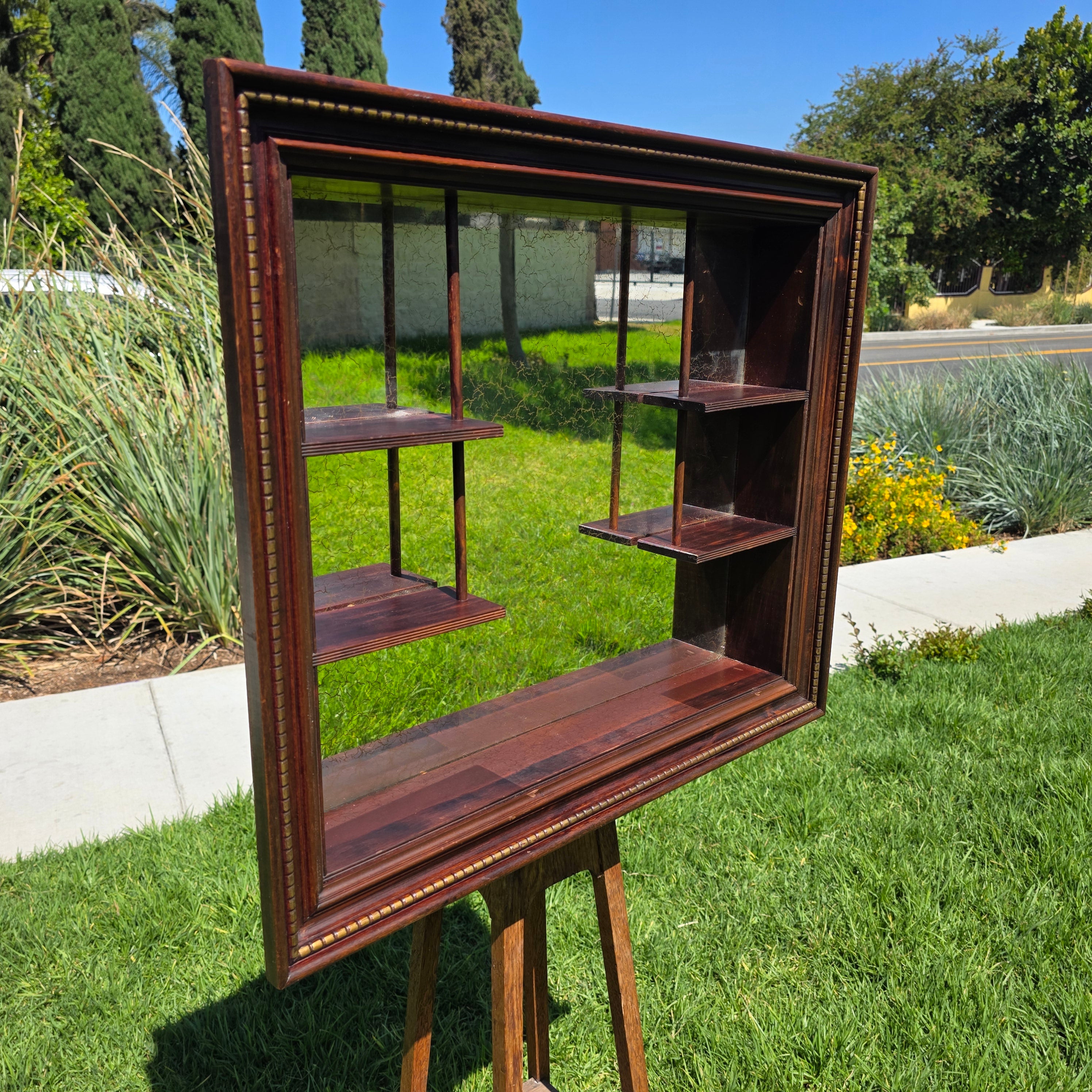 Vintage Wood Shadow Box Mirror Back Wall Display Shelf Curio Gold Vein Frame