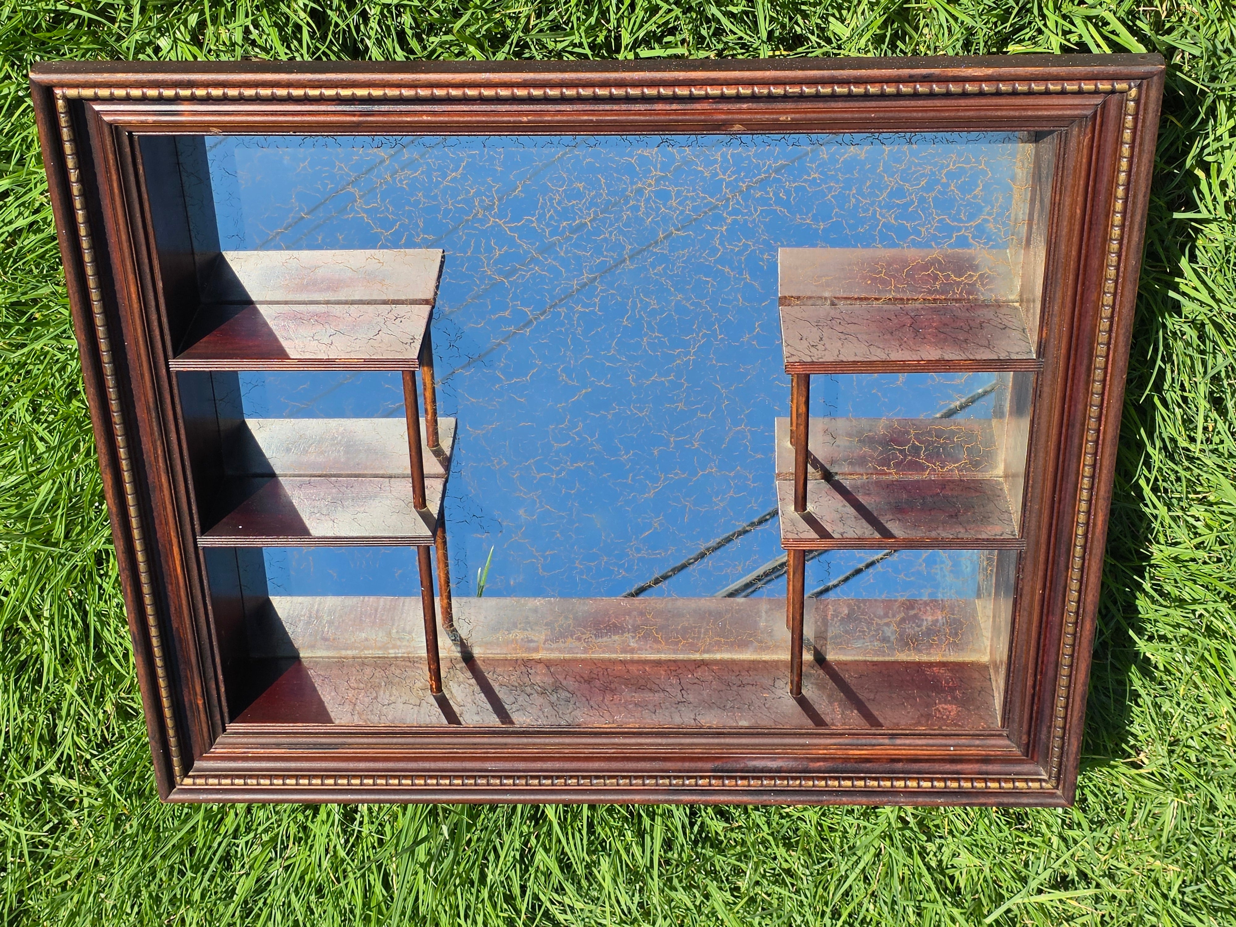 Vintage Wood Shadow Box Mirror Back Wall Display Shelf Curio Gold Vein Frame