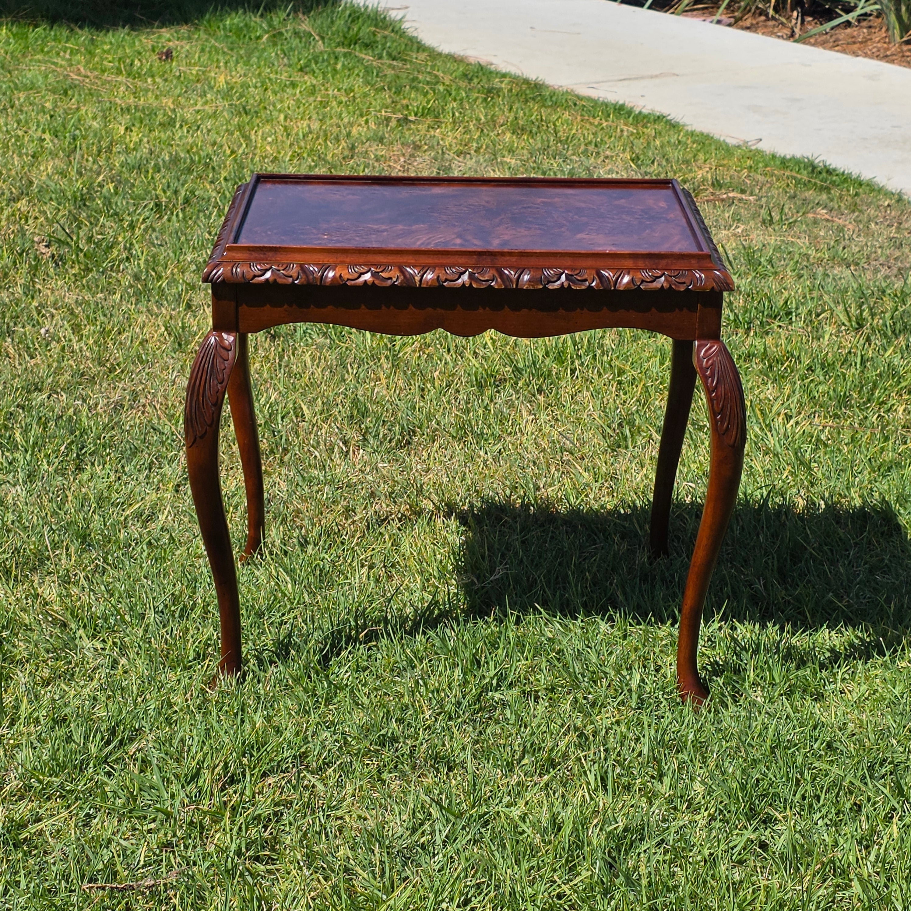 Vintage Bombay Company Burl Wood Tray Top End Side Table Queen Anne Carved 2002