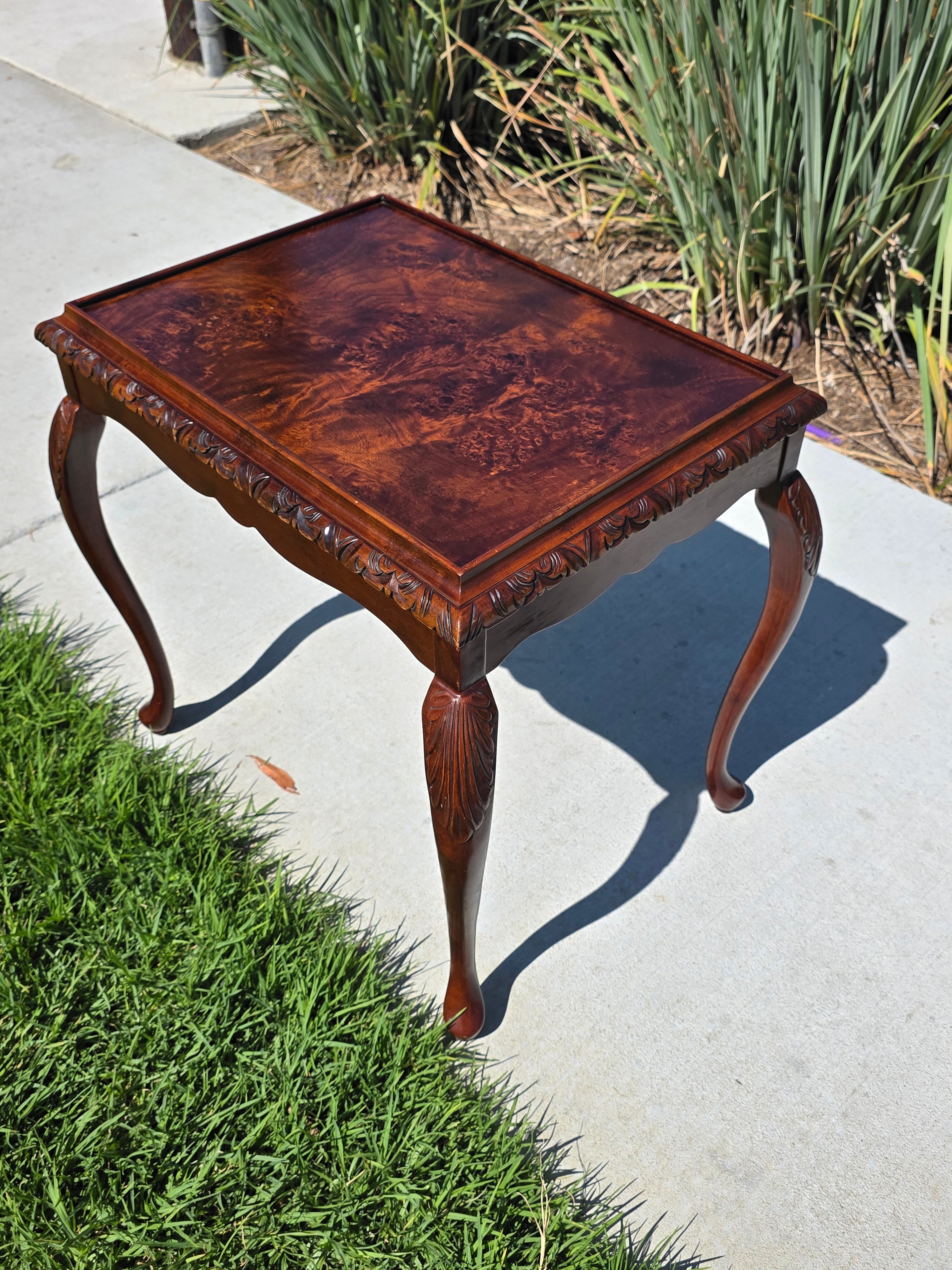 Vintage Bombay Company Burl Wood Tray Top End Side Table Queen Anne Carved 2002