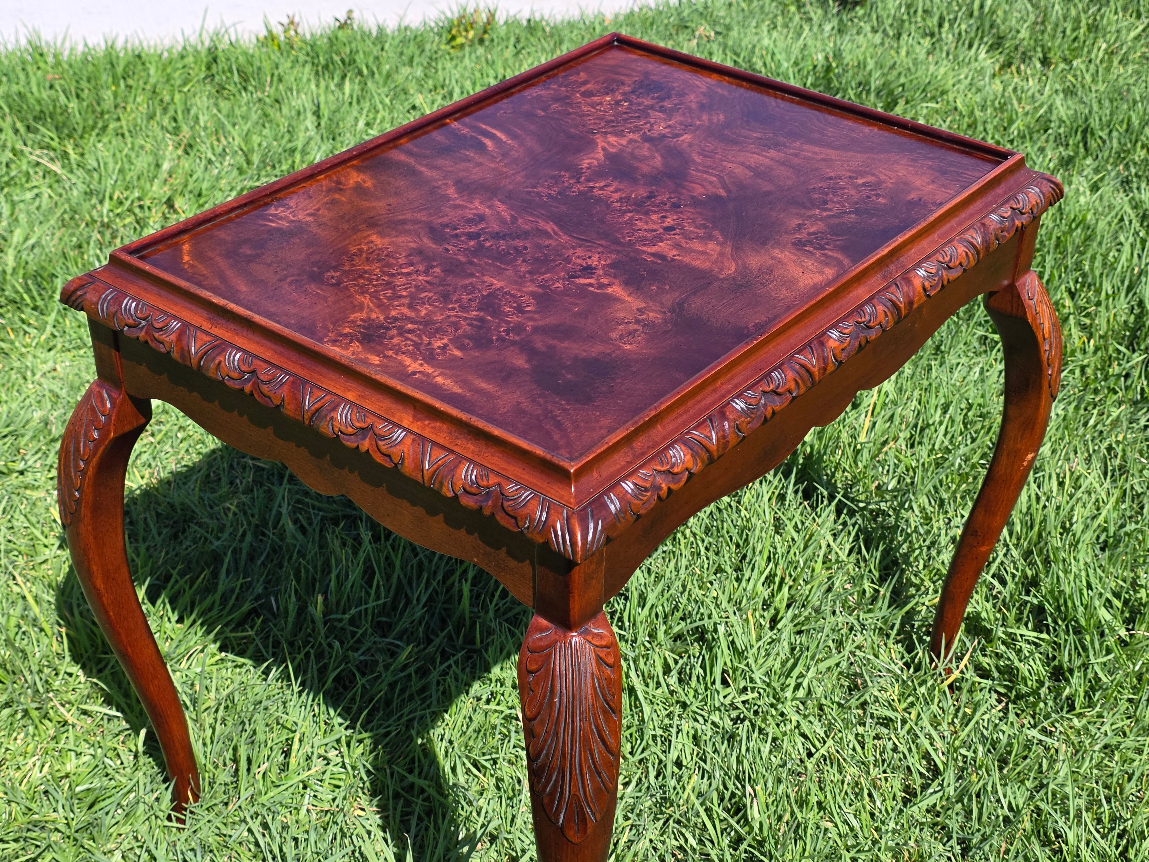Vintage Bombay Company Burl Wood Tray Top End Side Table Queen Anne Carved 2002