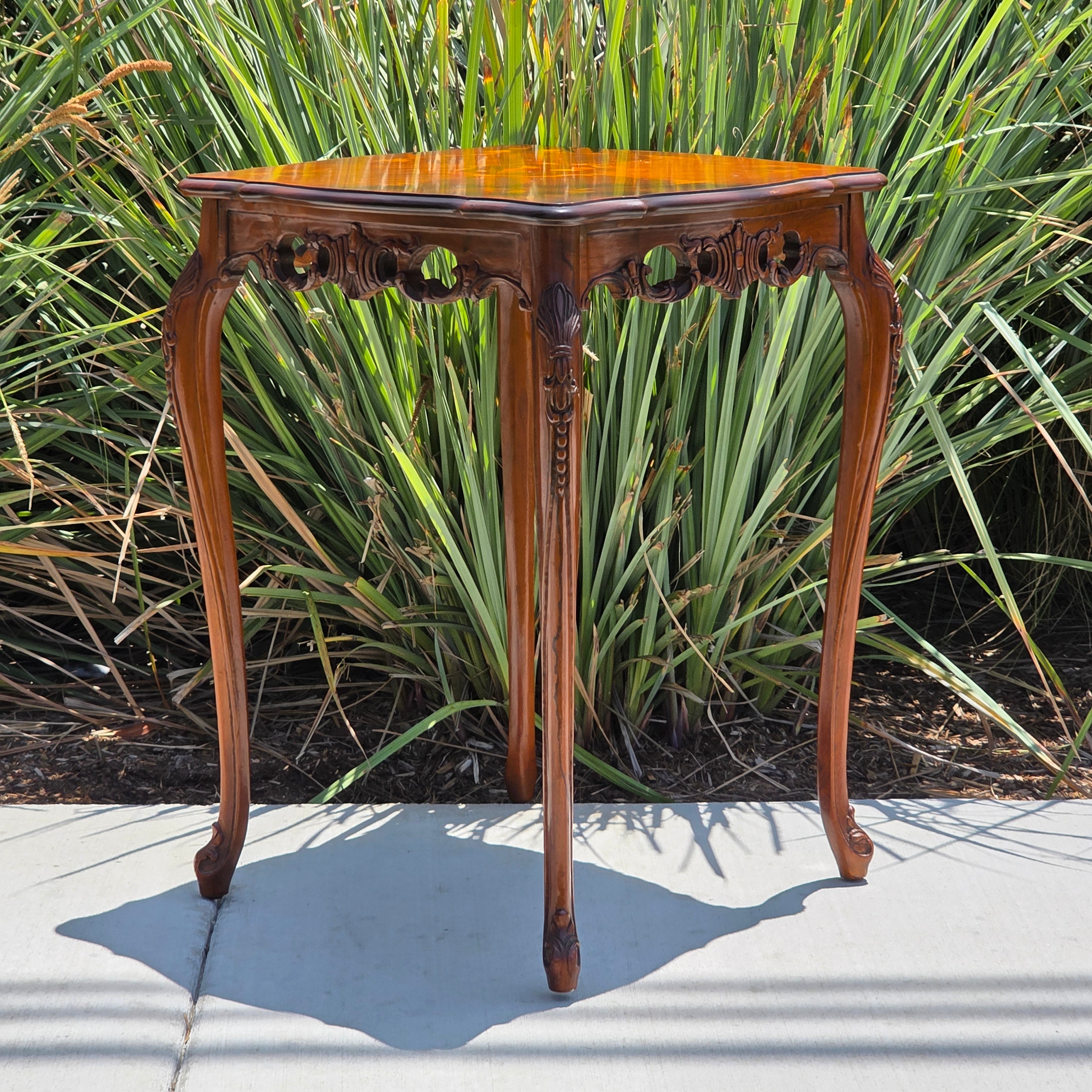 Vintage French Marquetry Inlay Floral Wood Tall Side End Table Cabriole Leg