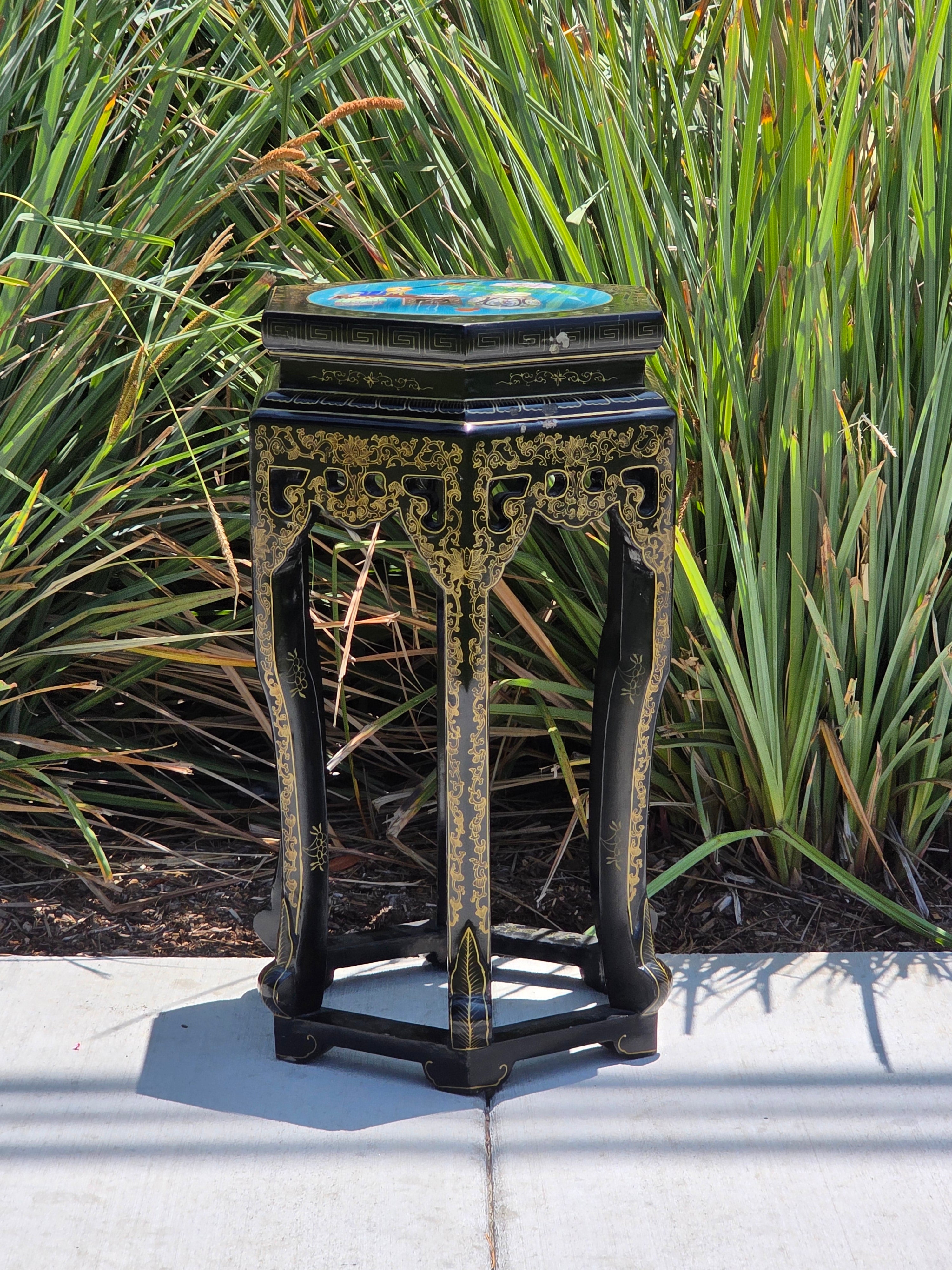 Vintage Chinese Cloisonne Inlay Black Lacquer Gold Plant Stand Table Jinlong