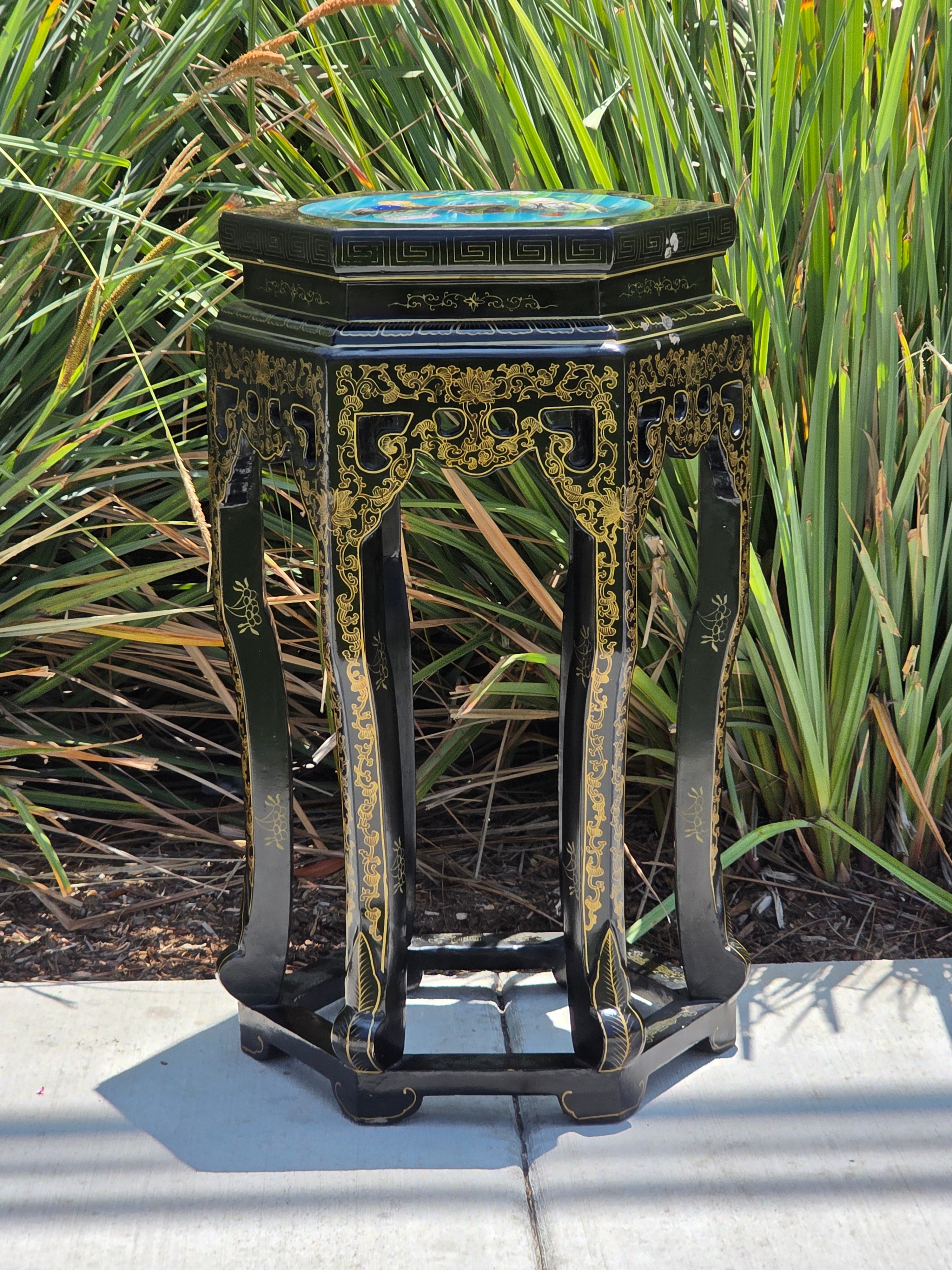 Vintage Chinese Cloisonne Inlay Black Lacquer Gold Plant Stand Table Jinlong