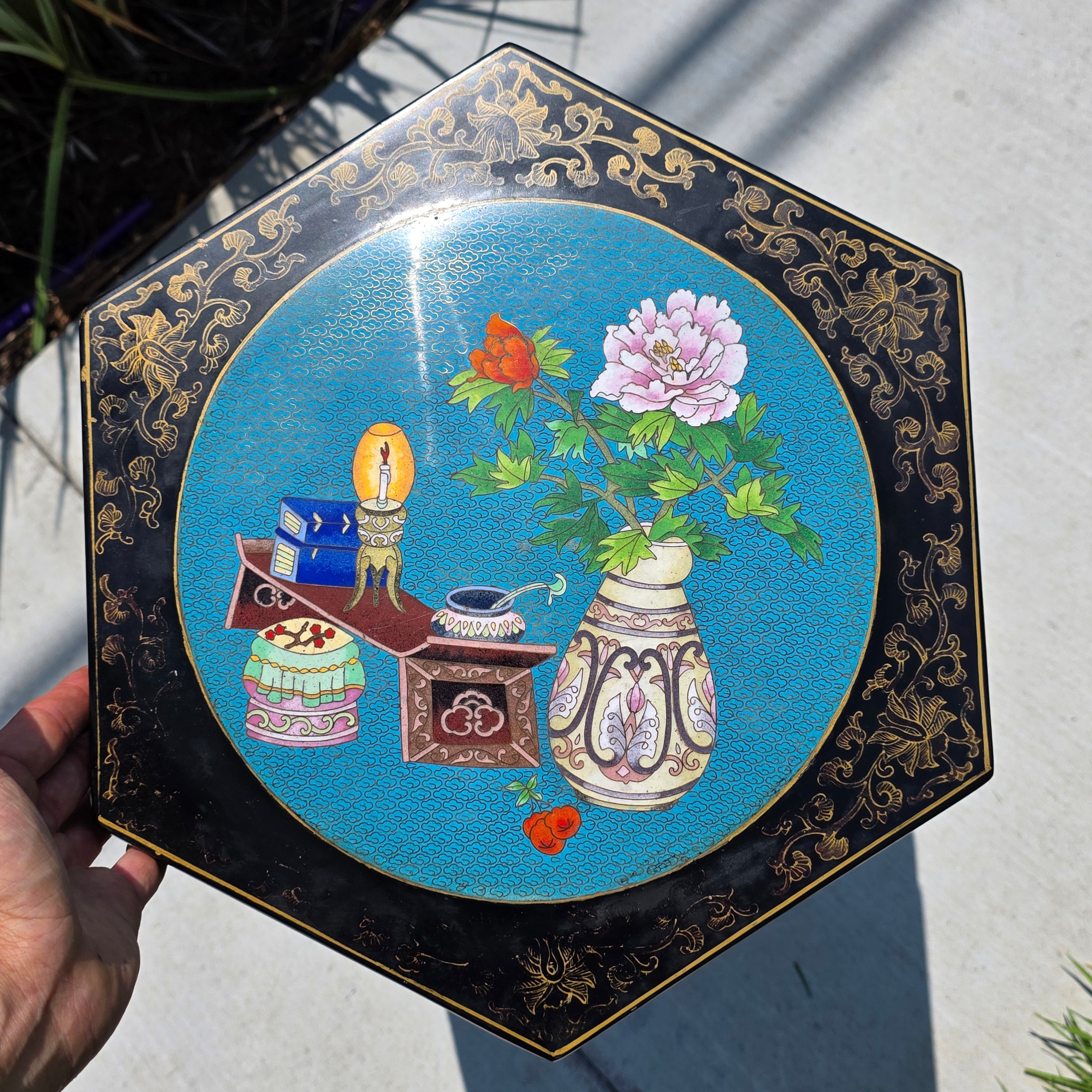 Vintage Chinese Cloisonne Inlay Black Lacquer Gold Plant Stand Table Jinlong