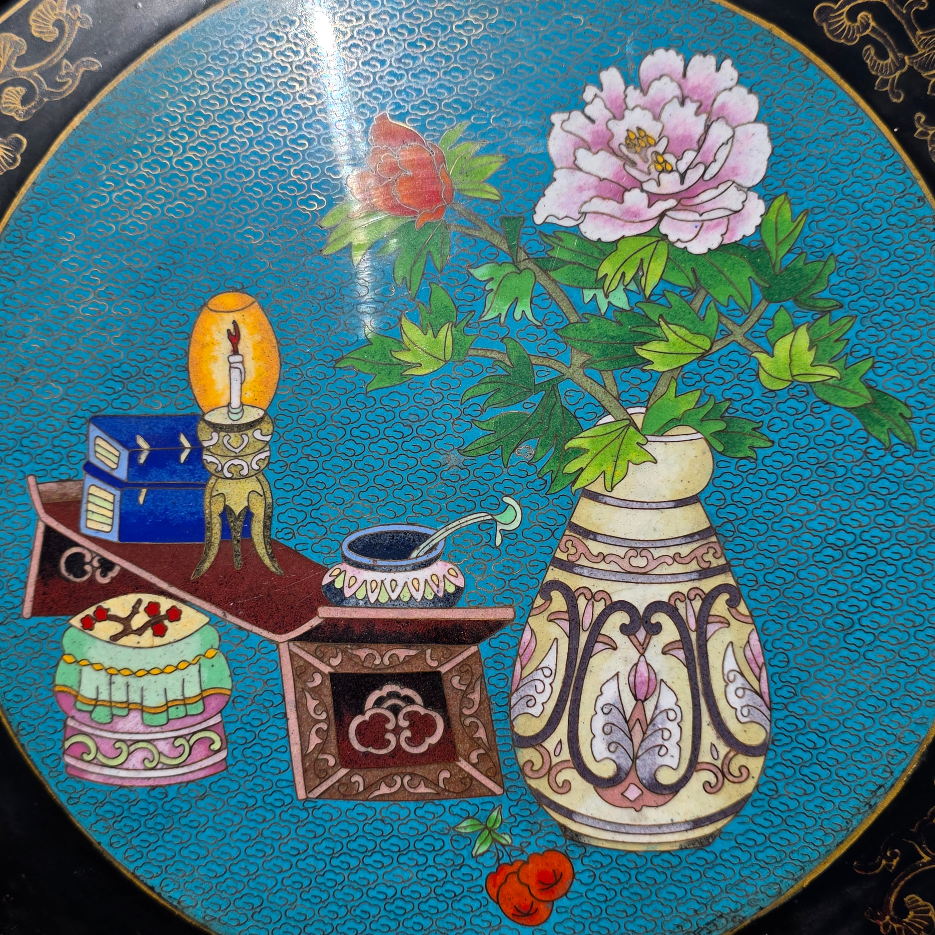 Vintage Chinese Cloisonne Inlay Black Lacquer Gold Plant Stand Table Jinlong