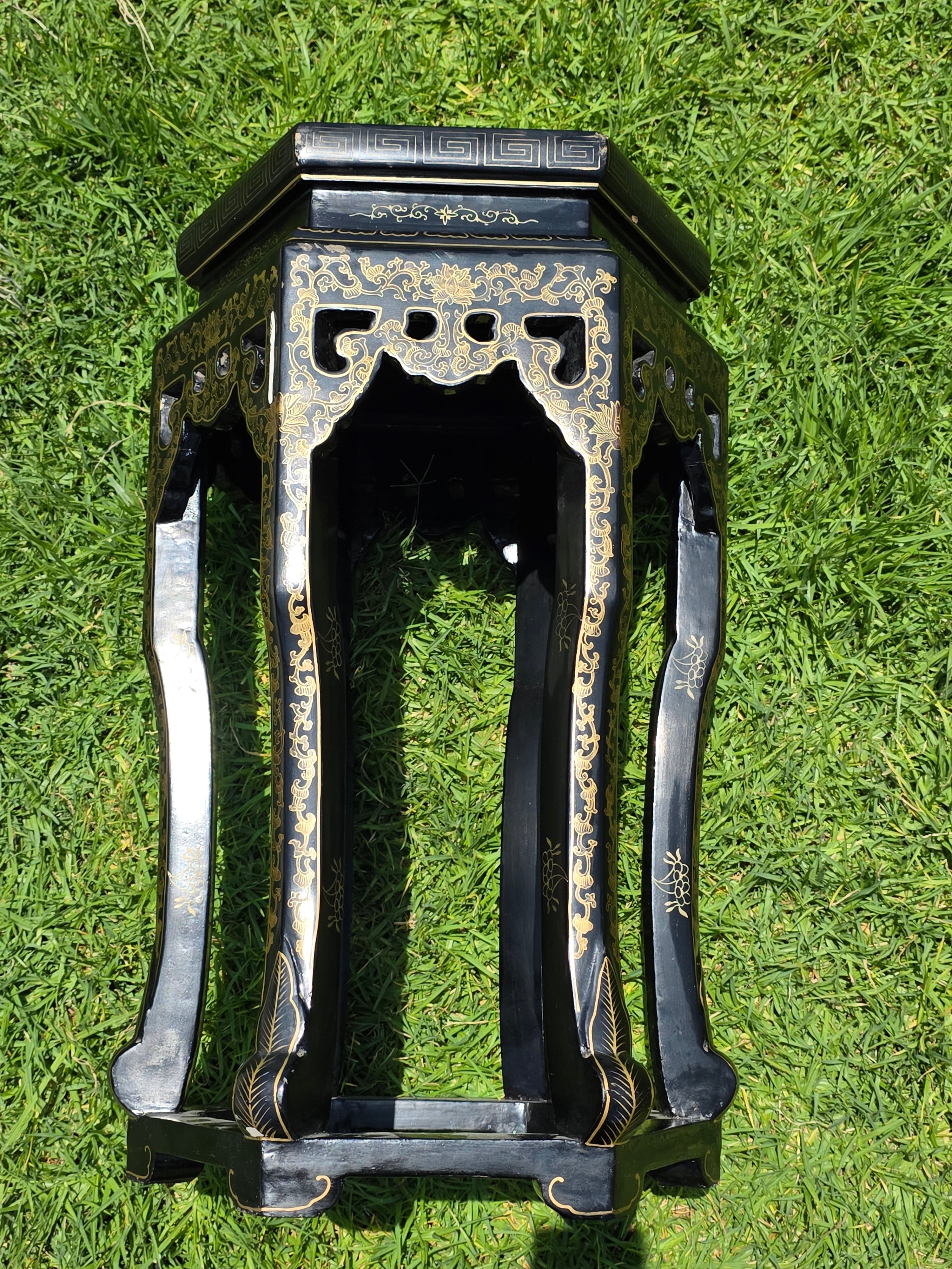 Vintage Chinese Cloisonne Inlay Black Lacquer Gold Plant Stand Table Jinlong