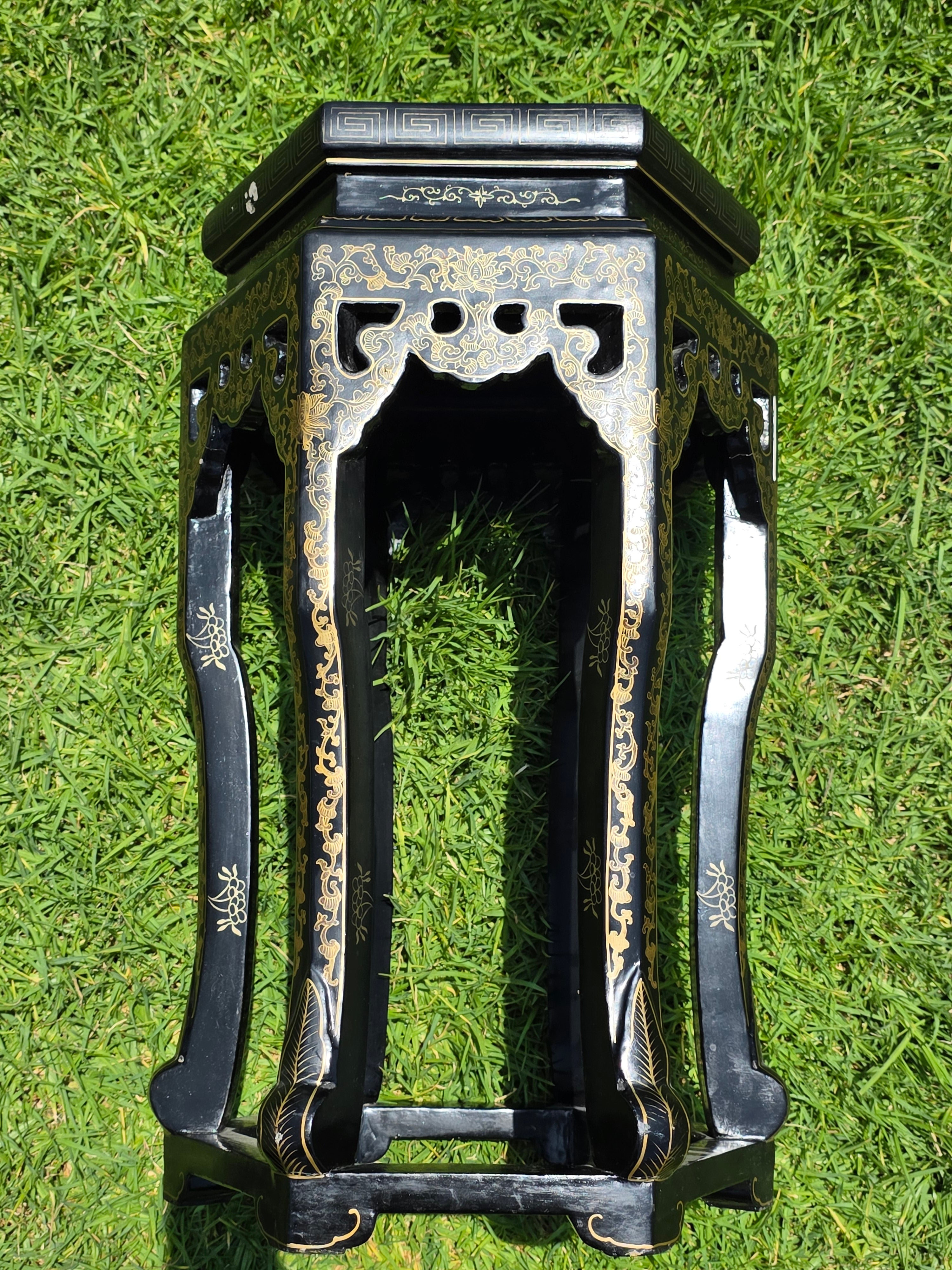 Vintage Chinese Cloisonne Inlay Black Lacquer Gold Plant Stand Table Jinlong