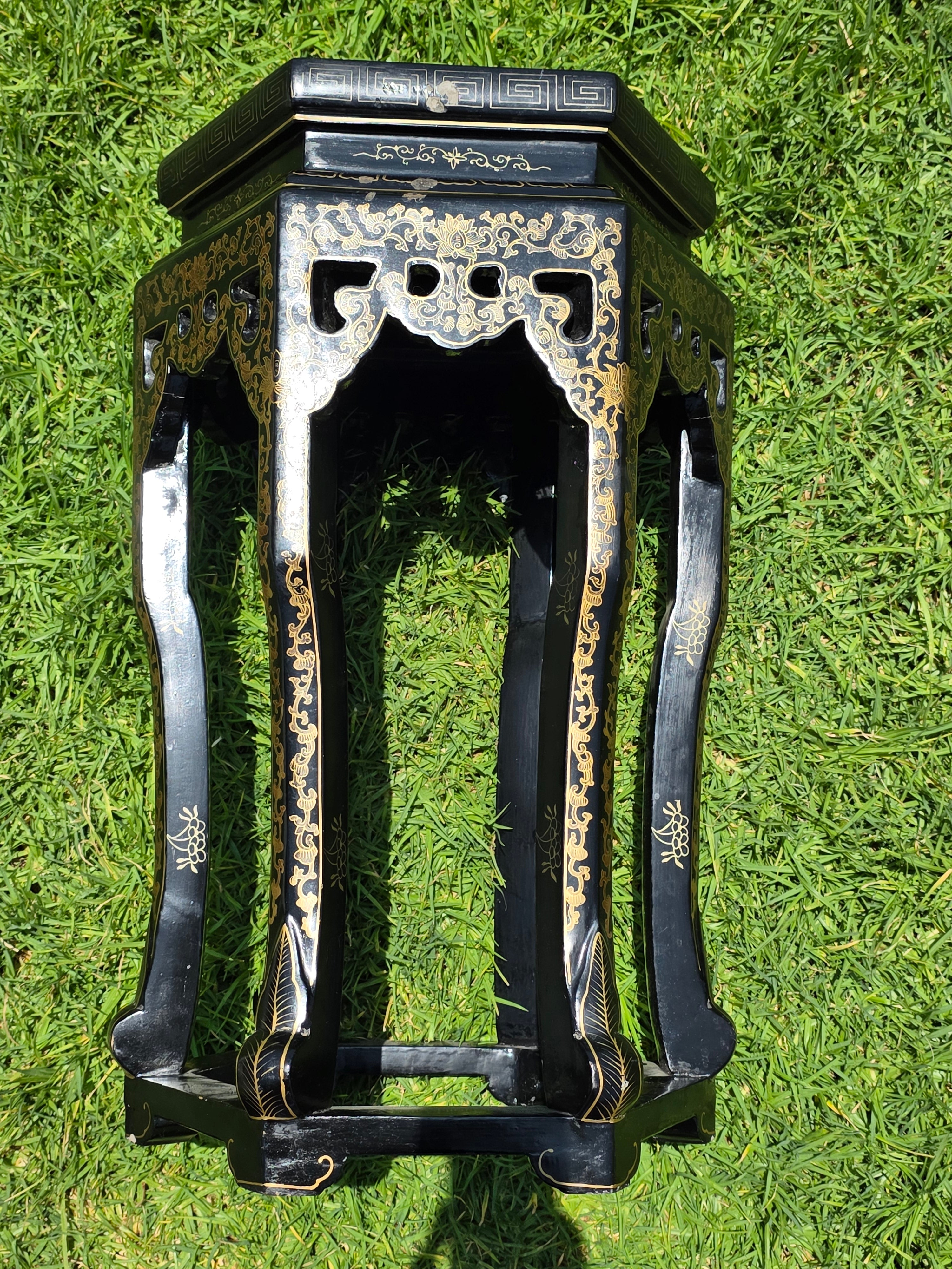 Vintage Chinese Cloisonne Inlay Black Lacquer Gold Plant Stand Table Jinlong