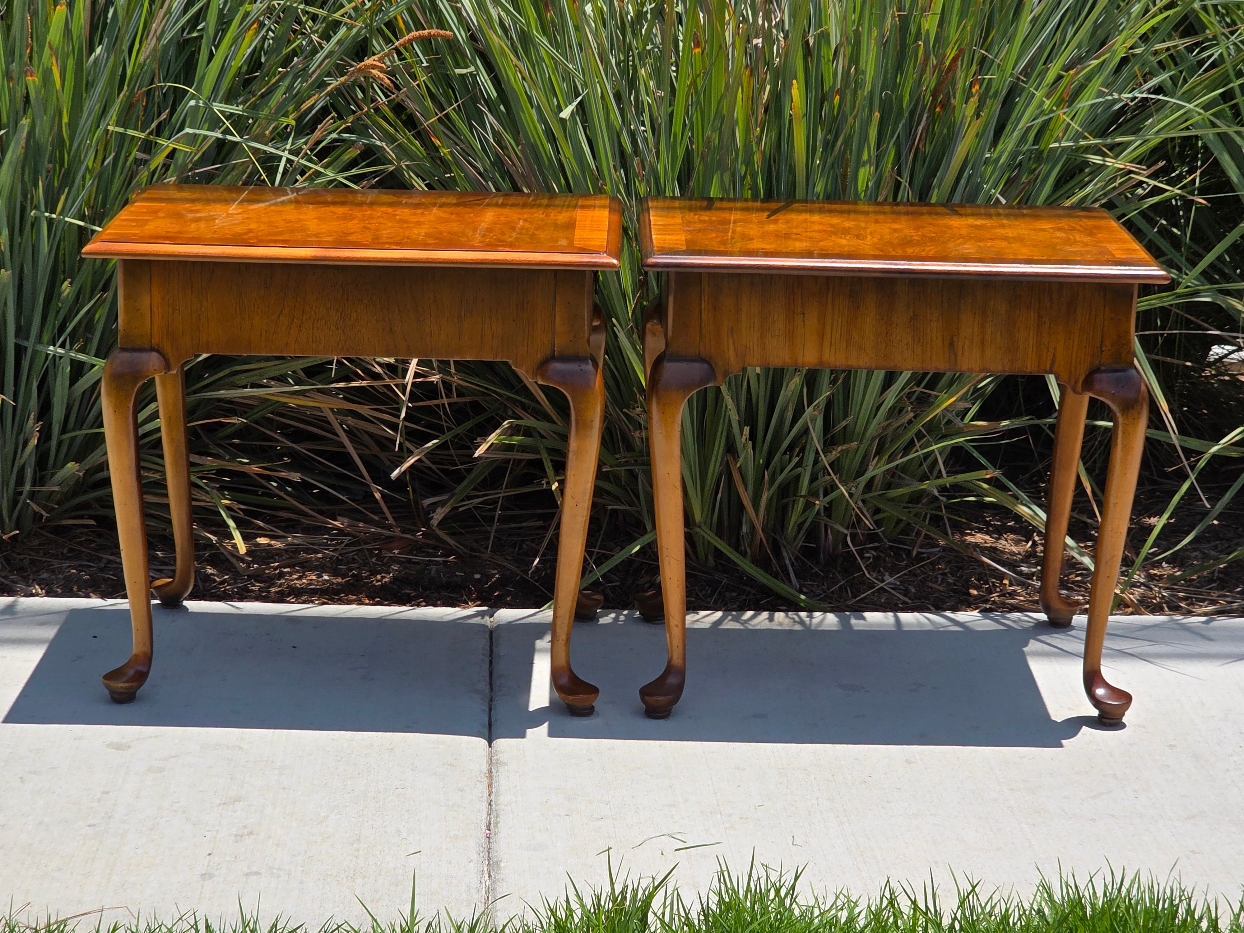 Local Pickup/ Pair Vintage Hekman Queen Anne End Side Tables Burl Wood Walnut Cabriole Legs
