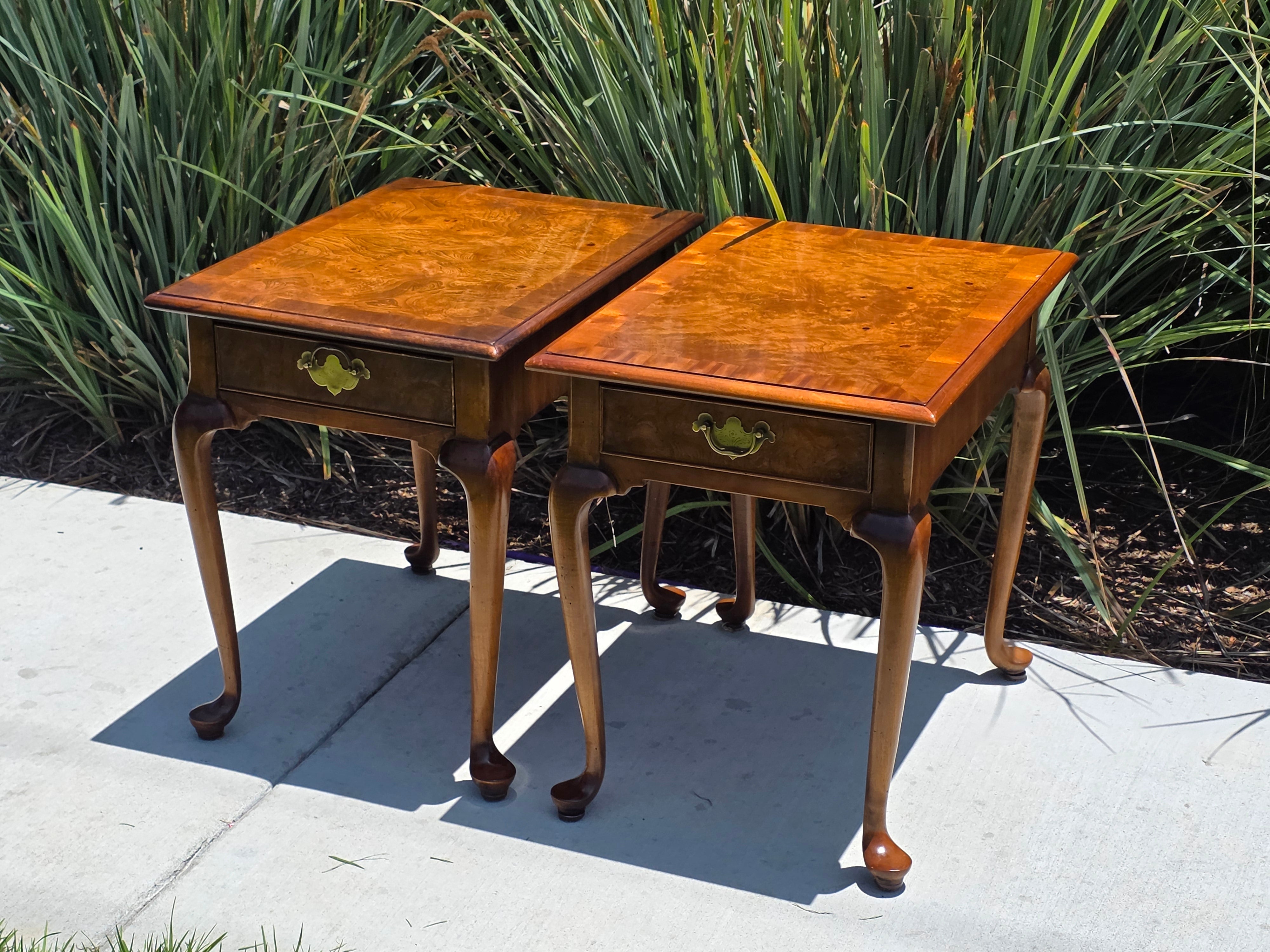 Local Pickup/ Pair Vintage Hekman Queen Anne End Side Tables Burl Wood Walnut Cabriole Legs