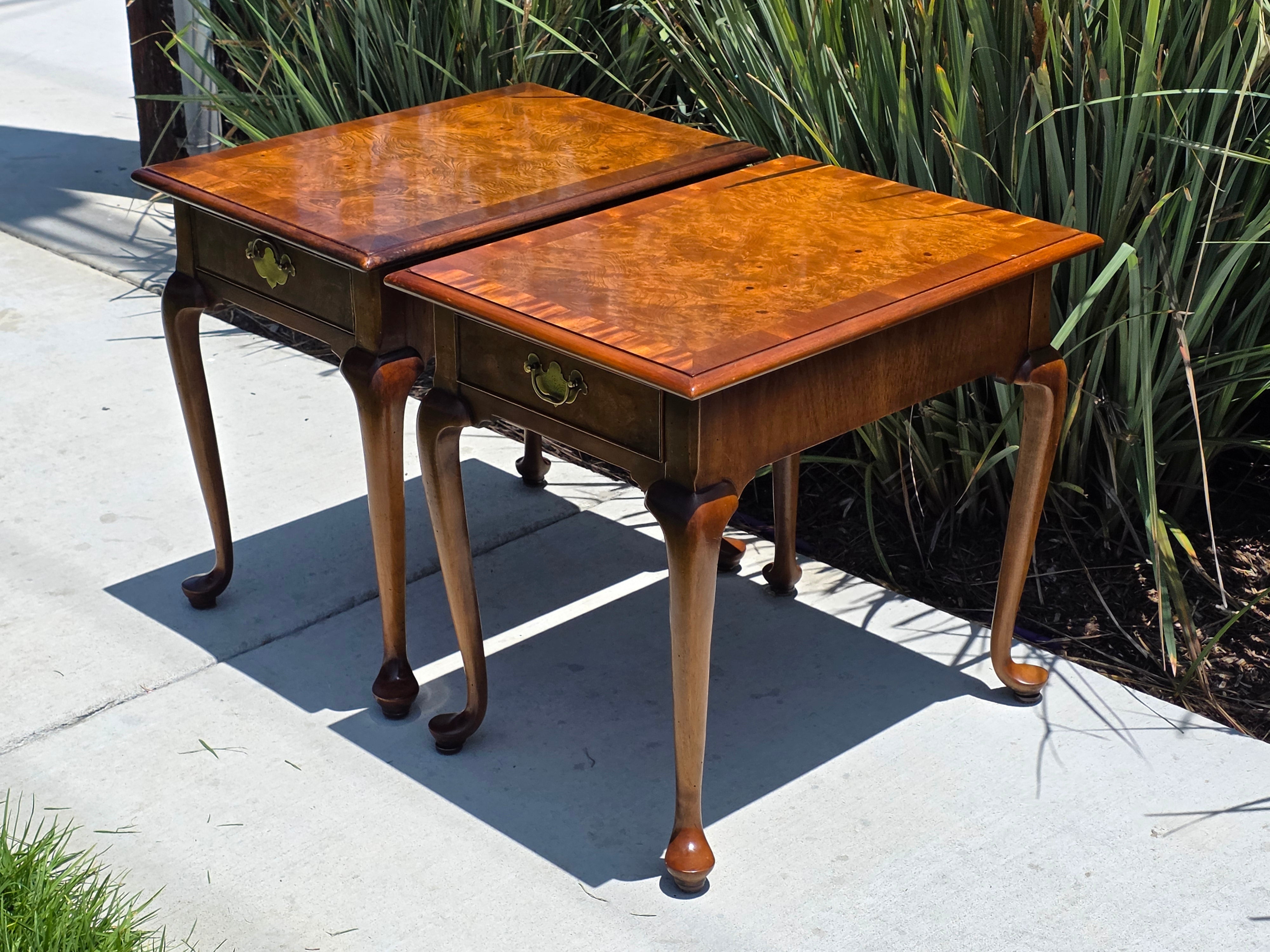 Local Pickup/ Pair Vintage Hekman Queen Anne End Side Tables Burl Wood Walnut Cabriole Legs
