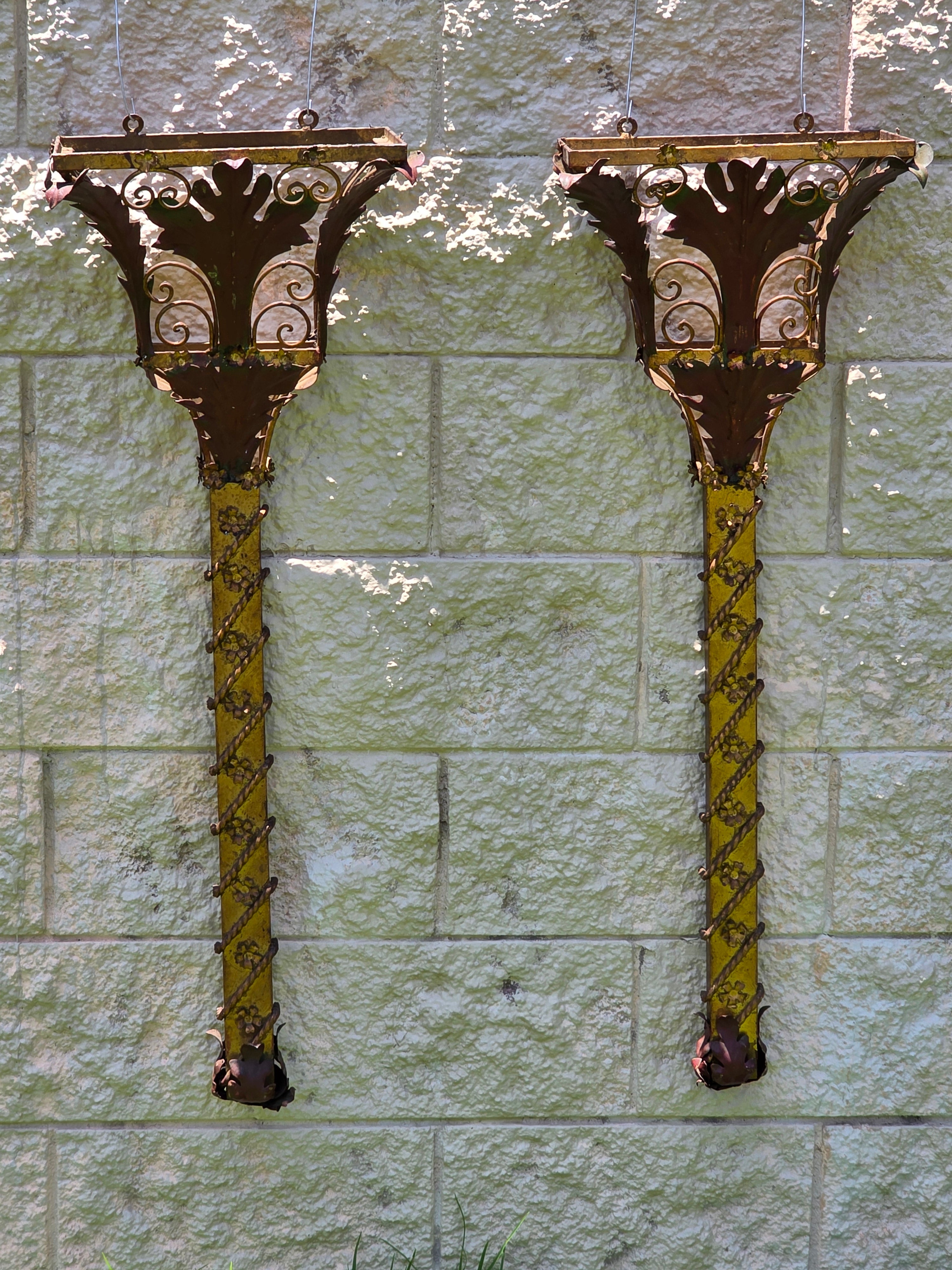 Share Pair Vintage Florentia Italy Large 40" Wall Sconce Planter Torch Gilt Metal Tole