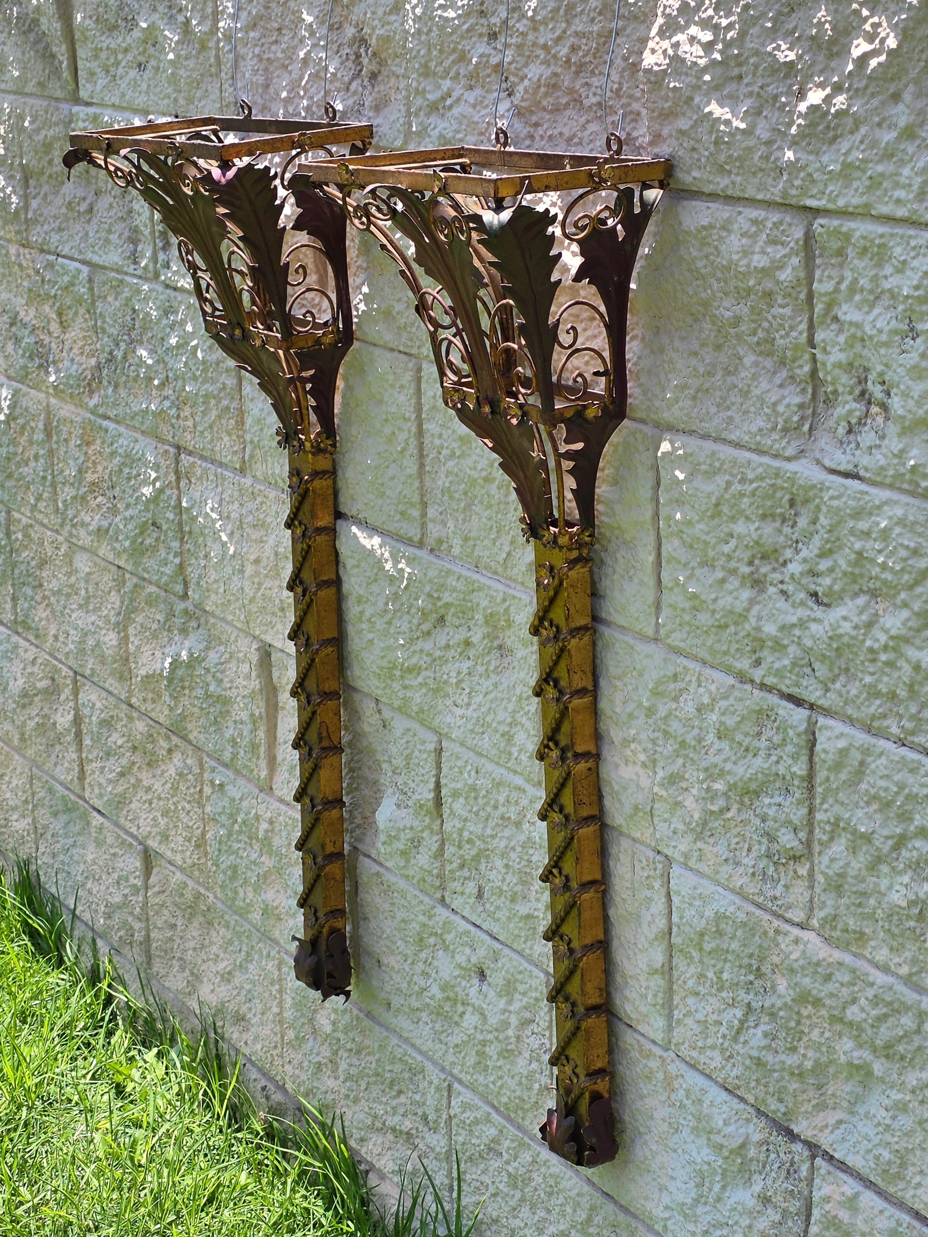 Share Pair Vintage Florentia Italy Large 40" Wall Sconce Planter Torch Gilt Metal Tole