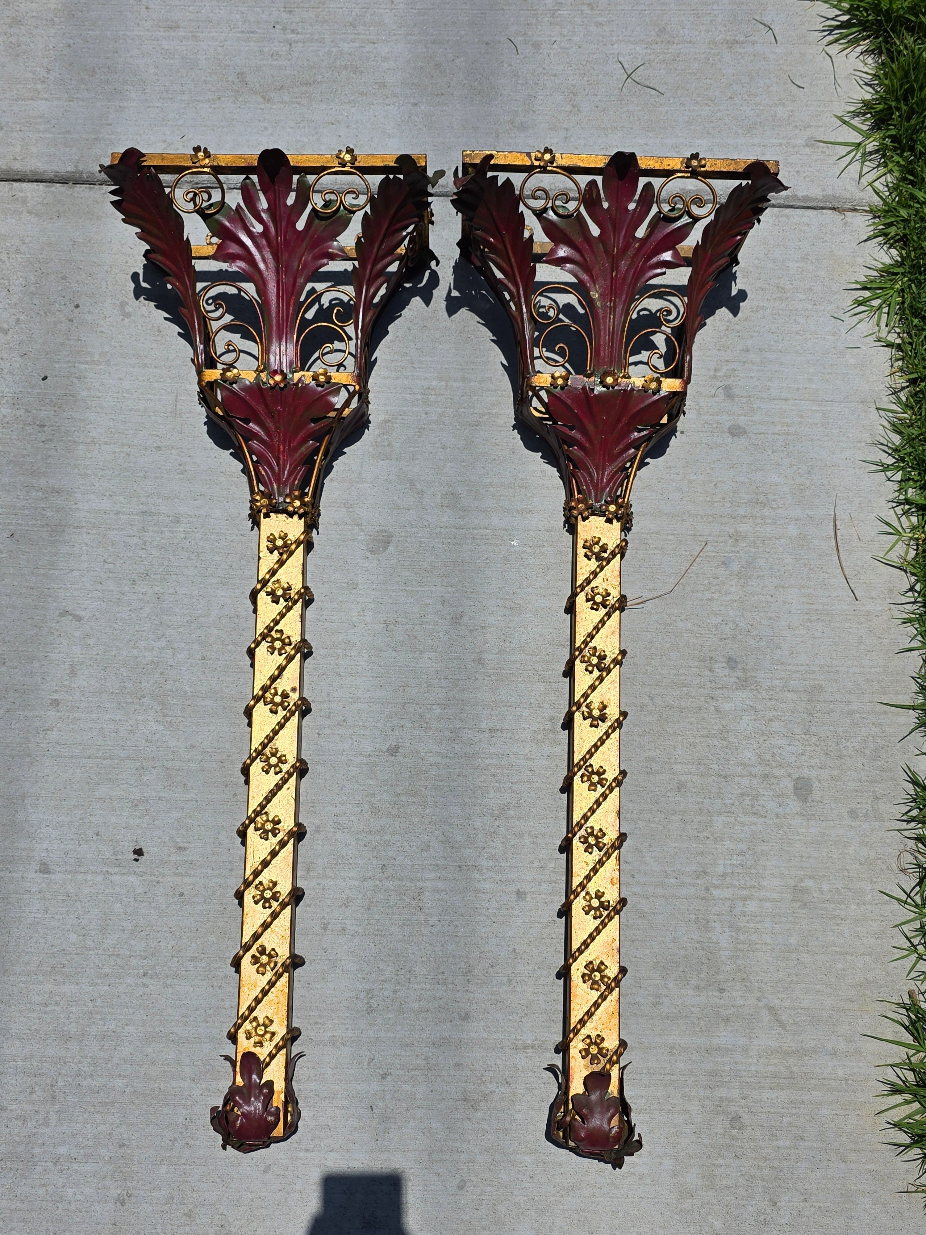 Share Pair Vintage Florentia Italy Large 40" Wall Sconce Planter Torch Gilt Metal Tole