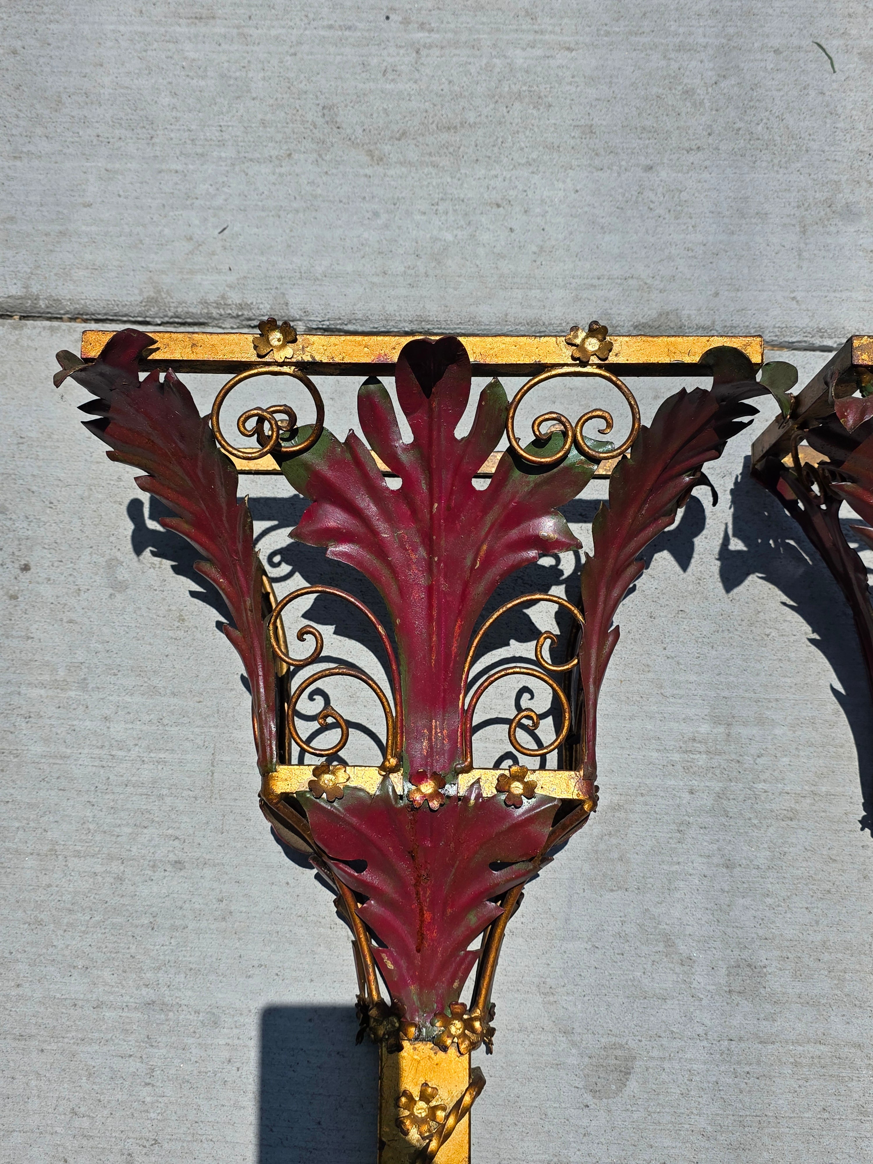 Share Pair Vintage Florentia Italy Large 40" Wall Sconce Planter Torch Gilt Metal Tole
