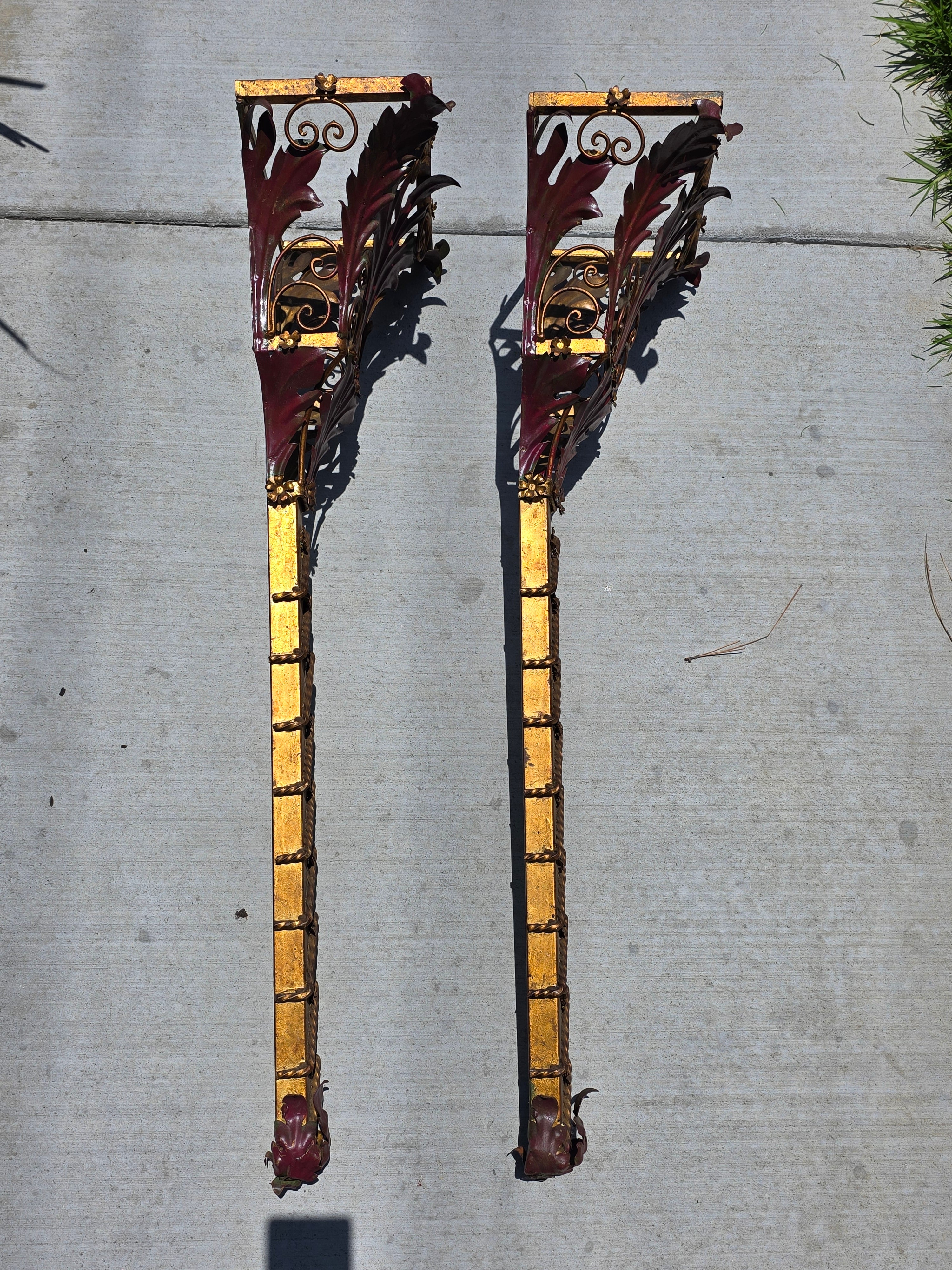 Share Pair Vintage Florentia Italy Large 40" Wall Sconce Planter Torch Gilt Metal Tole