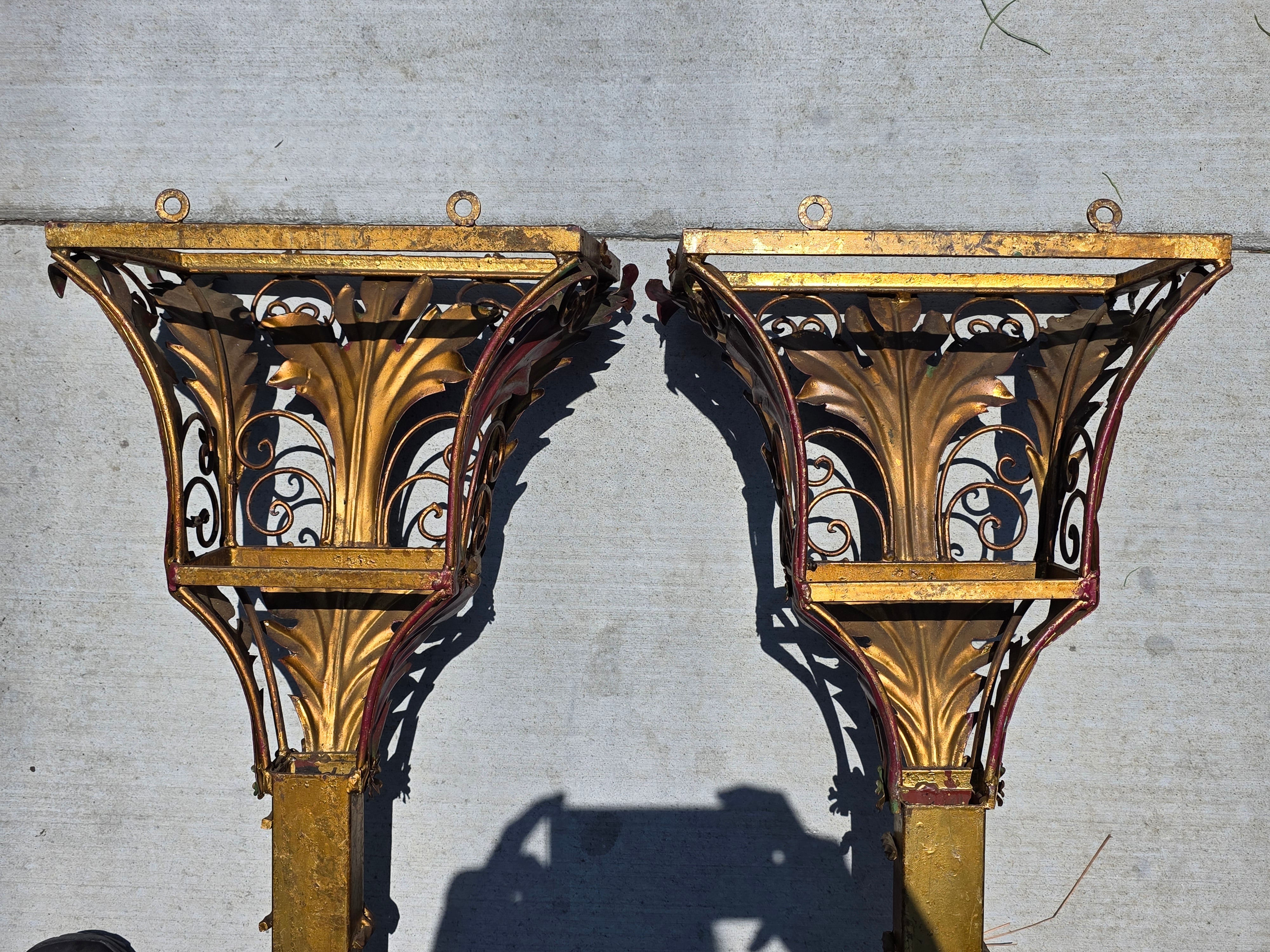 Share Pair Vintage Florentia Italy Large 40" Wall Sconce Planter Torch Gilt Metal Tole