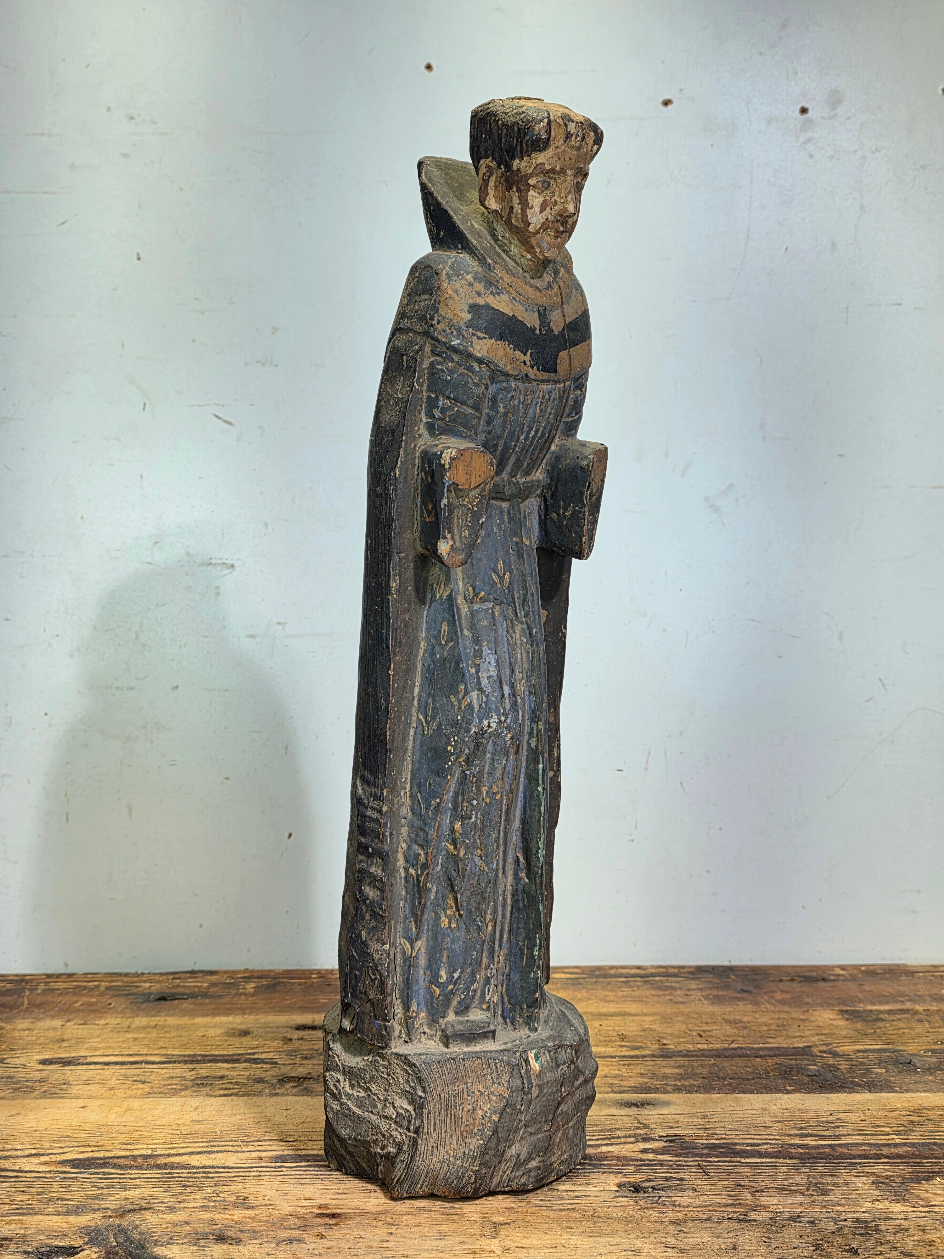Antique Spanish Colonial Santo Bulto Wood Carving Monk Figure Saint Dominic 20"