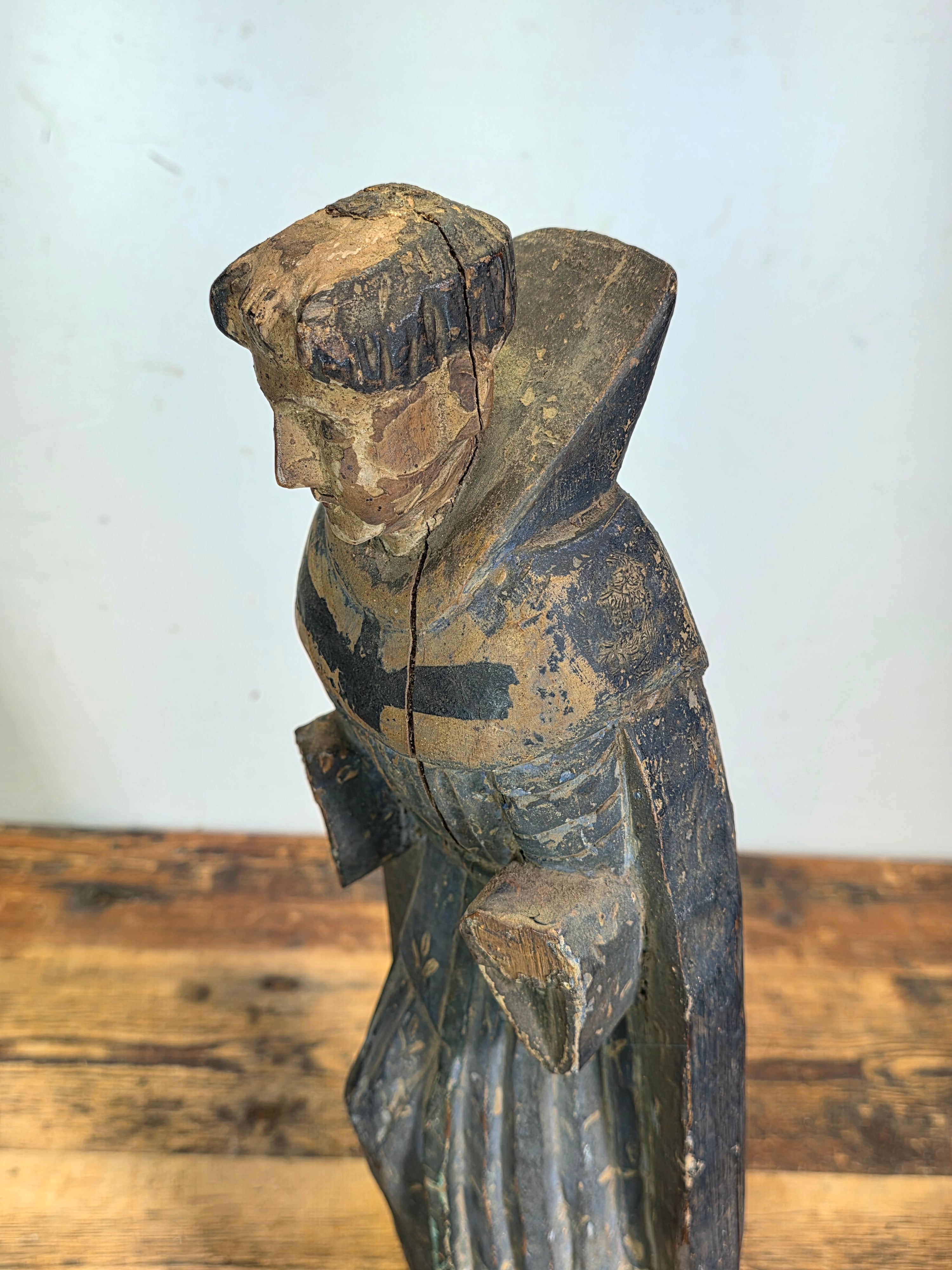 Antique Spanish Colonial Santo Bulto Wood Carving Monk Figure Saint Dominic 20"