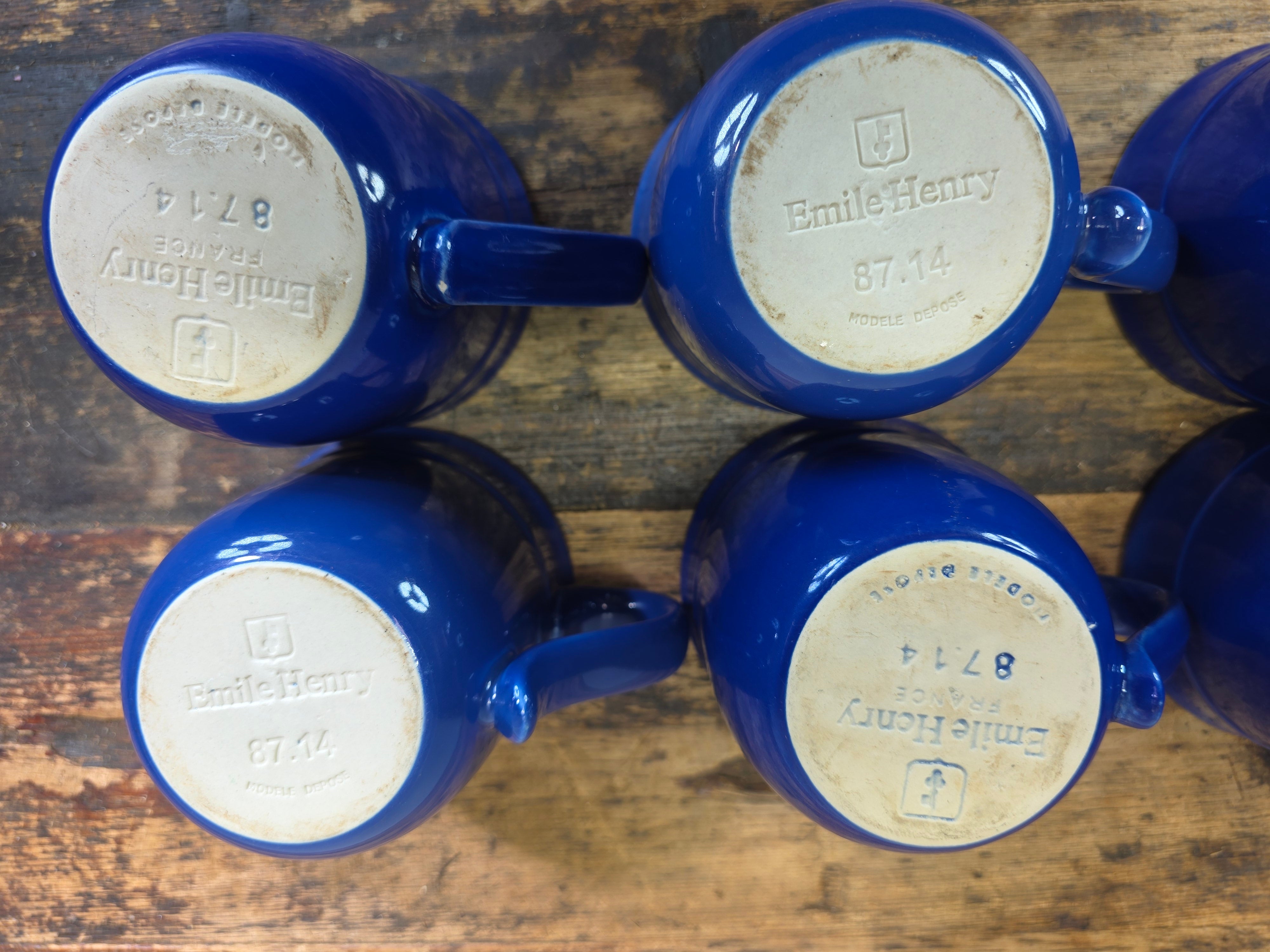 Emile Henry France 8714 Cobalt Blue White Ceramic Coffee Mug Cup Set of 8 AS-IS