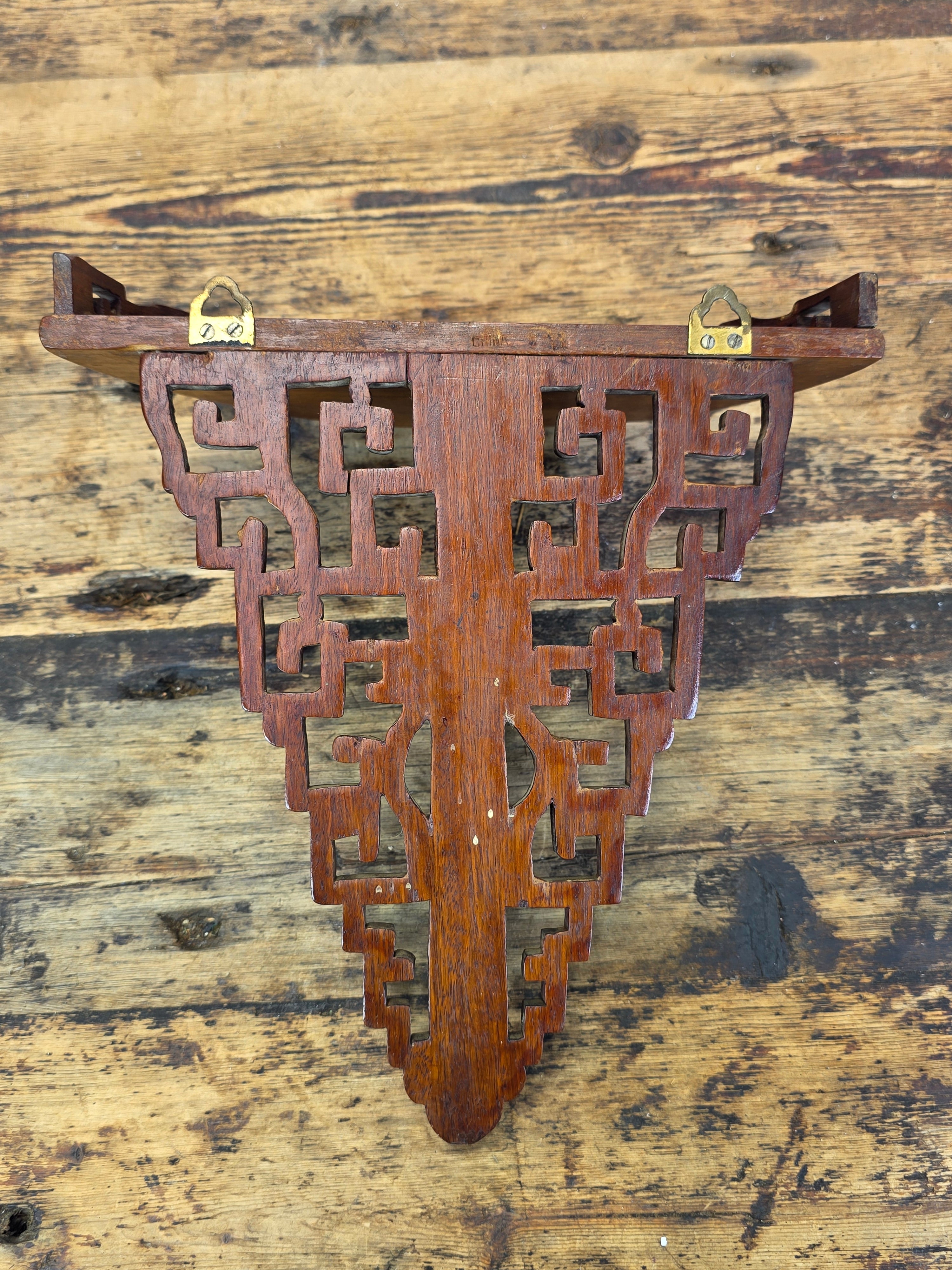 Vintage Chinese Carved Wood Wall Shelf Bracket Fretwork Openwork Chinoiserie